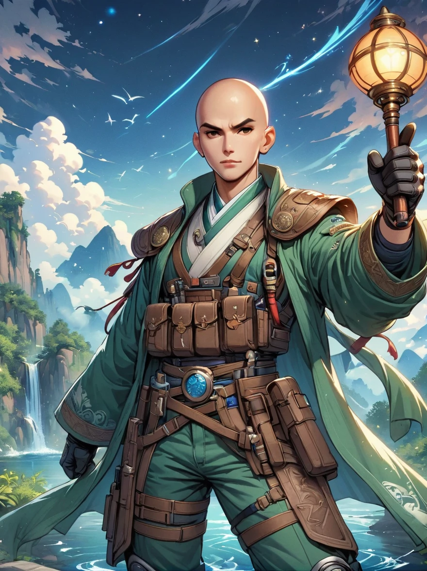 ((imagine)),((whole body)),(bald:1.5),((Aang)),《Avatar the last airbender anime》, Wearing luxurious robes,Robot arms and legs,Standing by the lake,White sockechanical ceramic shoes ,in the style of futuristic,cyberpunk,high detail
