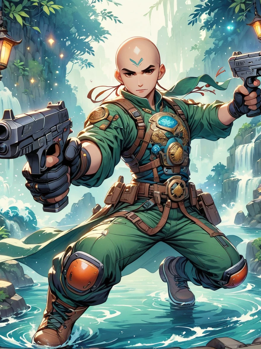 ((imagine)),((whole body)),(bald:1.5),((Aang)),《Avatar the last airbender anime》, Wearing luxurious robes,Robot arms and legs,Standing by the lake,White sockechanical ceramic shoes ,in the style of futuristic,cyberpunk,high detail