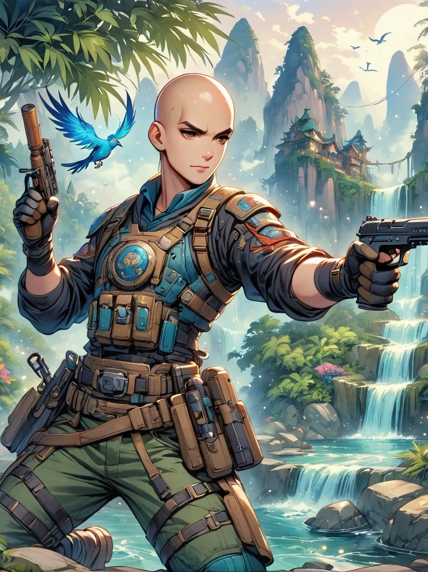 ((imagine)),((whole body)),(bald:1.5),((Aang)),《Avatar the last airbender anime》, Wearing luxurious robes,Robot arms and legs,Standing by the lake,White sockechanical ceramic shoes ,in the style of futuristic,cyberpunk,high detail