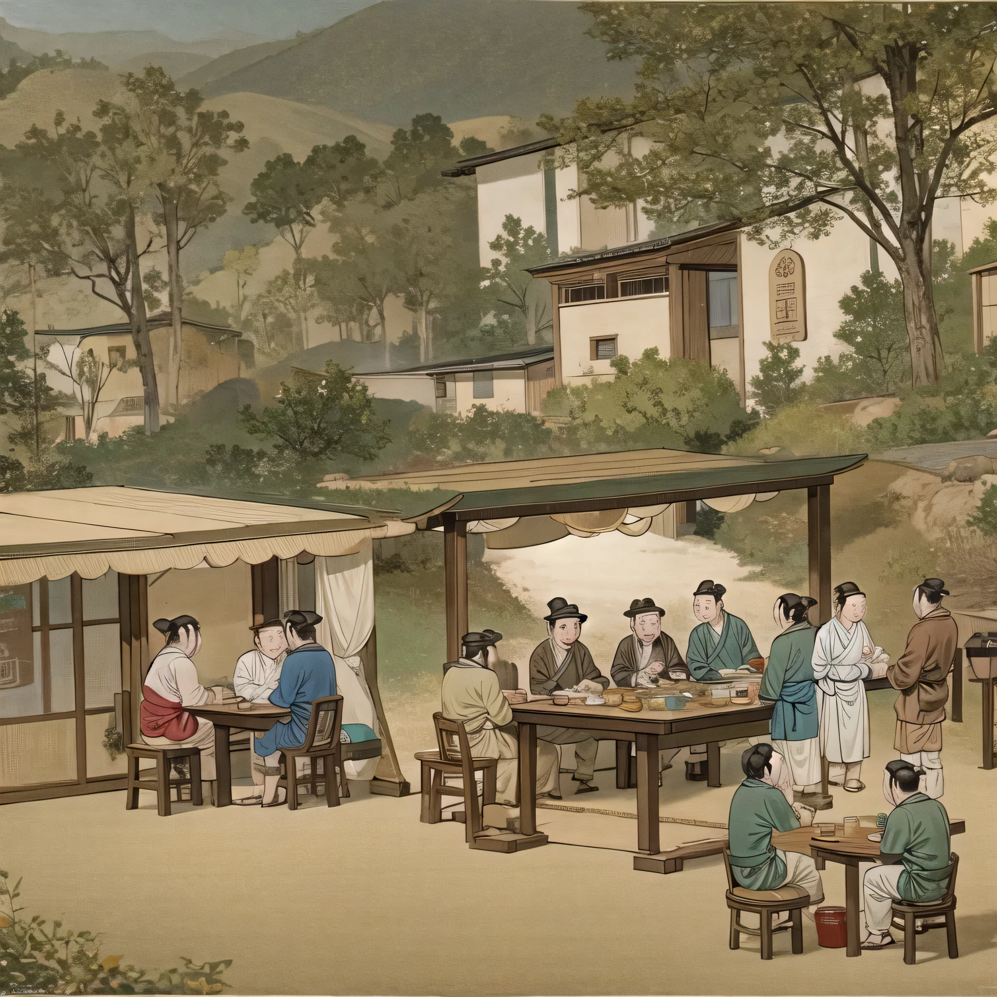 (masterpiece, best quality:1.2), A group of people sitting in a pub drinking,Chatting,Lively market,market painting, Tang Dynasty, market painting