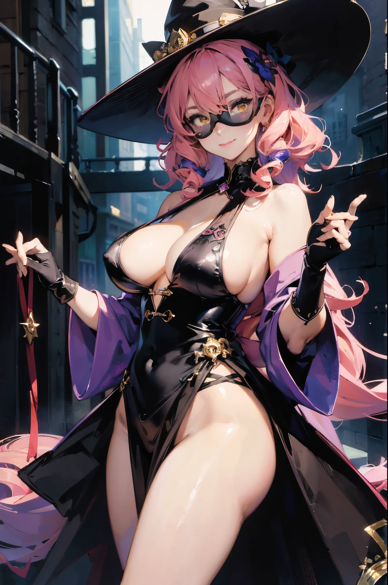(masterpiece, upscale, best quality, Official, beautiful and aesthetic art: 1.2),
cat eye, Details end, higher detail, optical mixing, Playful patterns, Vivid textures, Unique visual effects, high resolution, wz1, long pink hair, ((mature woman)), ((milf)), long legs, ((Big breasts)), (((: 1.3))), hanfu, ((Long black gloves)), sash, bare shoulders, (underwear), (), bow, black skirt, permanent, shooting cowboy, gentle smile, (kind face), Keep your mouth shut, (obscene), (huge witch hat), yellow eyes, looking at the audience, whole body, wide hips, ((curls)),