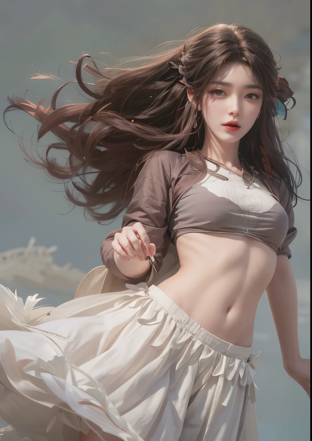 Modify face and hair only，black hair，Long straight hair，Nice hairstyle，brown eyes，Wear a tube top，Navel exposed，white skirt