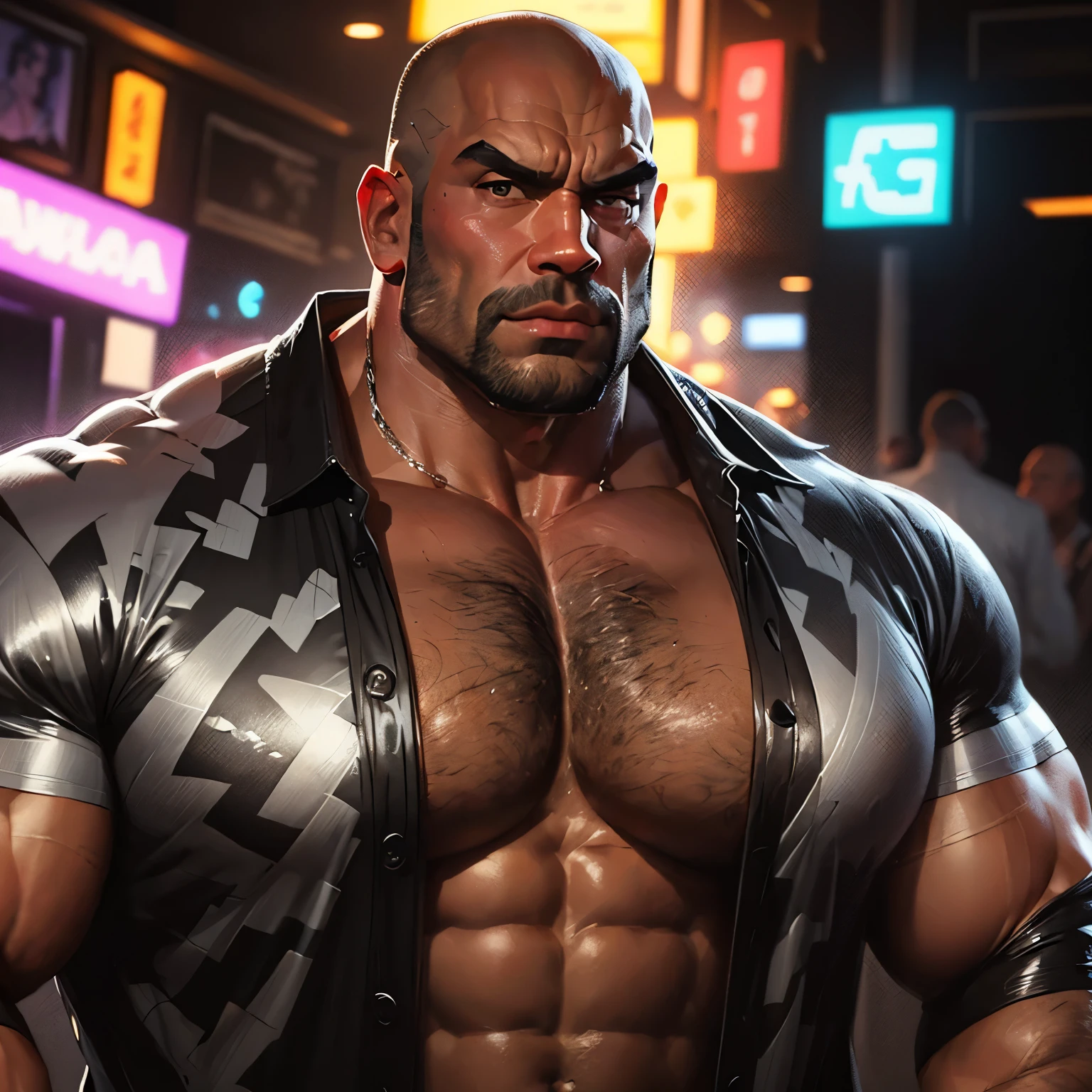 an exaggeratedly muscular and large bald bodyguard, beefy build, mixed race, (wearing black and silver Hawaiian shirt: 1.2), (bara pecs: 1.3), (arm and chest hair: 1.1), close-up portrait HD, night club with pink lights