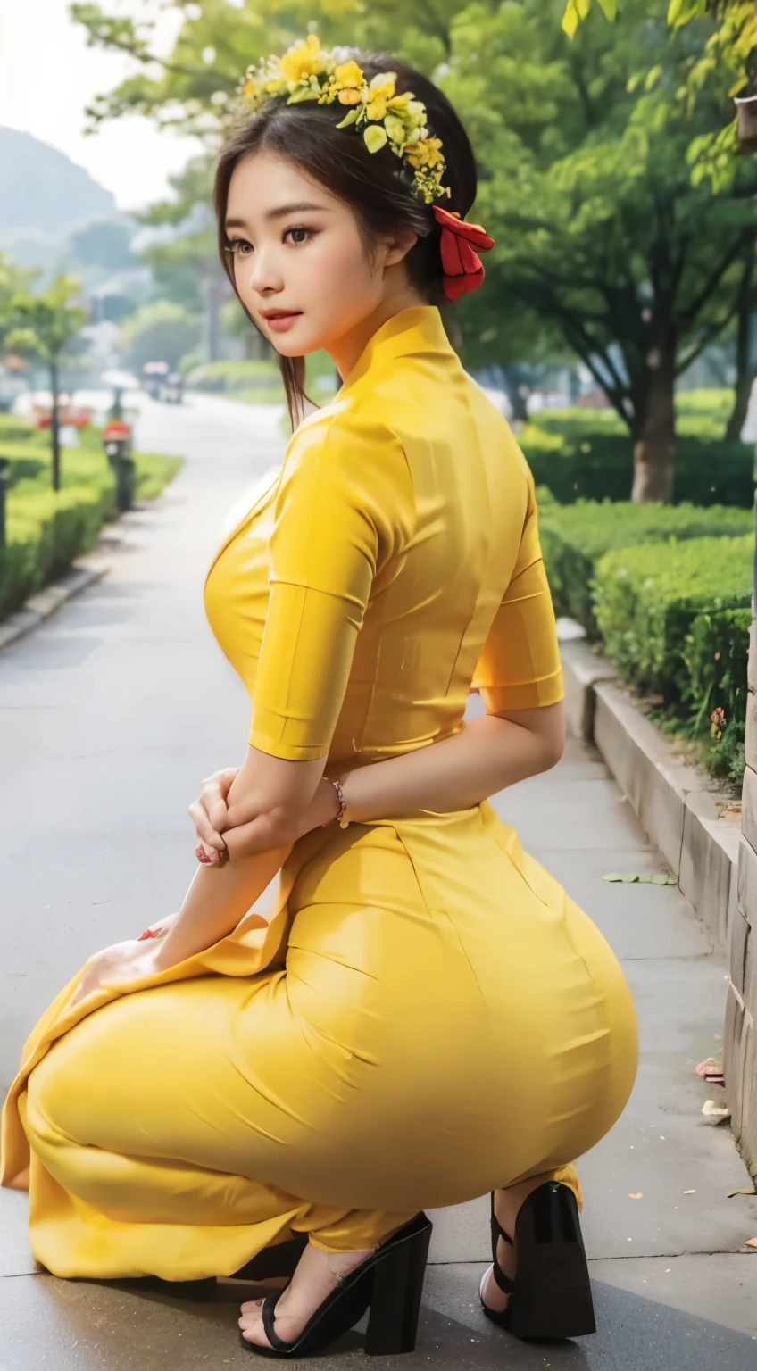 araffe woman in yellow dress with flower crown in park, lady using yellow dress, wearing a yellow dress, elegant yellow skin, beautiful yellow woman, an asian woman, waist - shot, woman model, lovely woman, asian, asian girl, asian woman, attractive pose, profile pose, backview, side pose, asian female, ao dai, vietnamese woman.(( acmm ss outfit panty lines on buttocks))