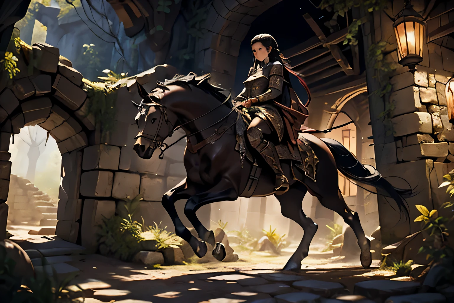 inspired by Medieval art, featuring a girl with intricate black hair braids, dismounting her majestic horse in front of an ancient ruin dungeon cave, dramatic lighting casting eerie shadows, worn stone textures, mystical atmosphere, fantasy genre, detailed illustration, detailed face --