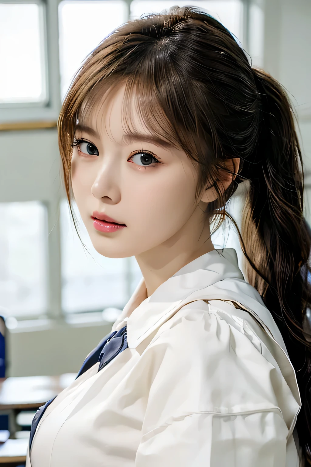 1 girl,beautiful and fine eyes,cute,professional lighting,highest quality, Beauty, (School uniforms:1.3), indoor, ponytail, (big breasts:1.3), well-groomed face, School