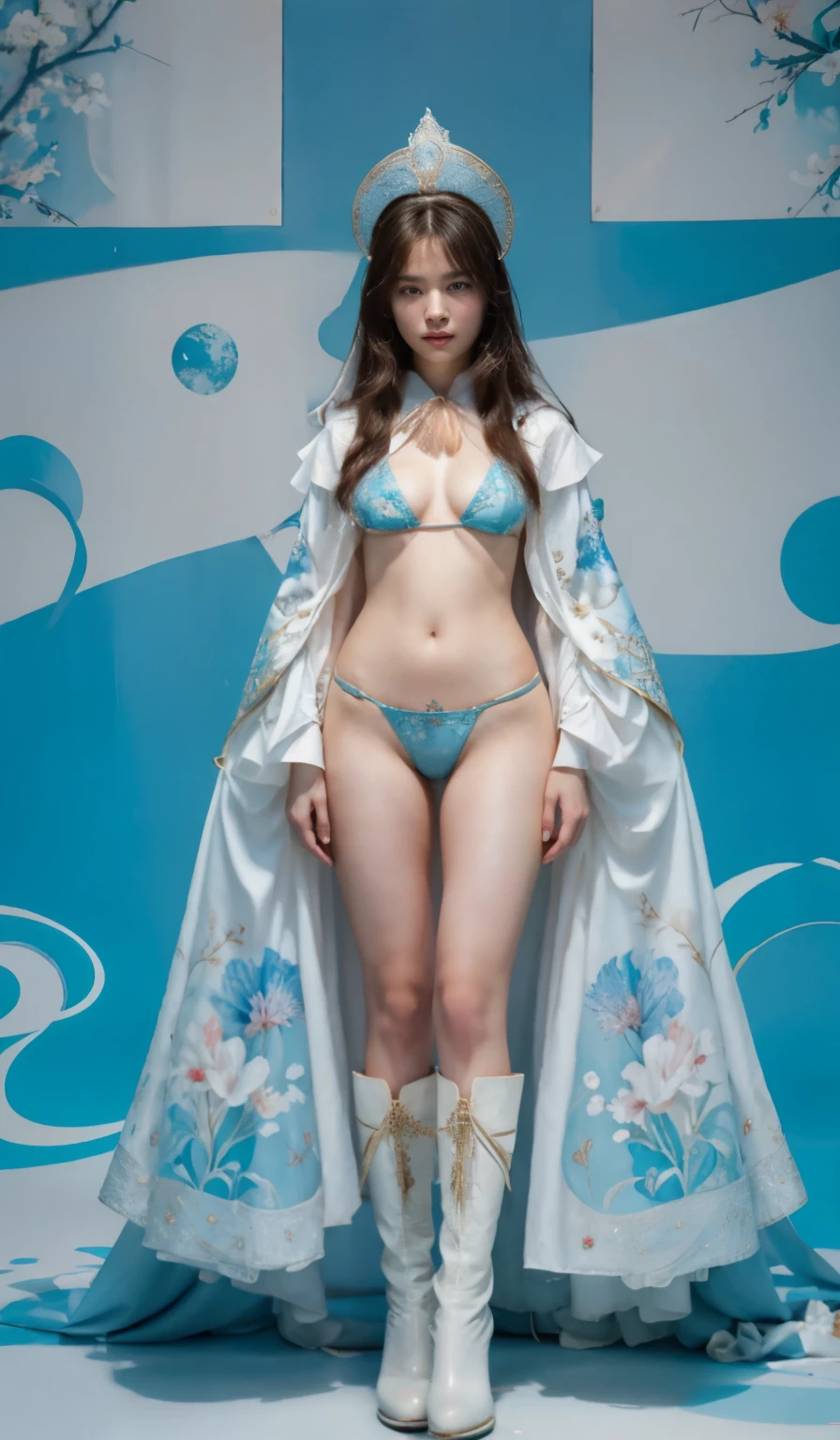 beautiful and delicate woman,The details of the eyes and face are very rich, exquisite eyes, super detailed, High resolution, The content is very detailed,best quality,EnLightenment,Unite,8k wallpaper,masterpiece,best quality,imagine,1 girl,Put on sexy blue bikini, Bikini has bright red pattern, Metallic style powder blue priest cloak,priest hat,standing posture,long legs,Put on powder blue boots,look at the audience,Face the audience,flowing long hair,Surreal 8000g,Impeccable,masterpiece,professional artwork,famous artwork,Light,movie bloom,perfect face,pretty face,fantasy,Dreamy and magical,not real,intricate details,Exquisite pattern…Korean woman’s face