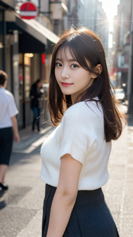  (highest quality,masterpiece:1.3,ultra high resolution,surreal),(Real like a photo,Super detailed,caustics,8K),(very detailed,realistic:1.4,RAW shooting),1 girl,(smile and look down at the camera),(front shot:1.1),(look forward),20-year-old,Super cute,(bright personality),Japanese,glamorous,(big boobs),(close),(chest focus),street,sunlight,Natural light,(Backlight),(A bright light shines from behind),(Lens flare),professional writing,(mini skirt),(winter fashion trends),(full body shot),(No makeup)