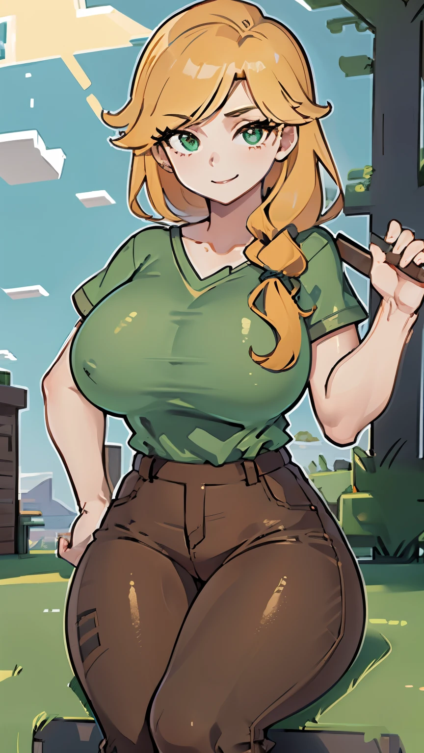 1 girl, alex minecraft, green shirt, brown pants, gray boots, sitting, adult, huge breasts, outside, smiling, masterpiece, high quality huge tits