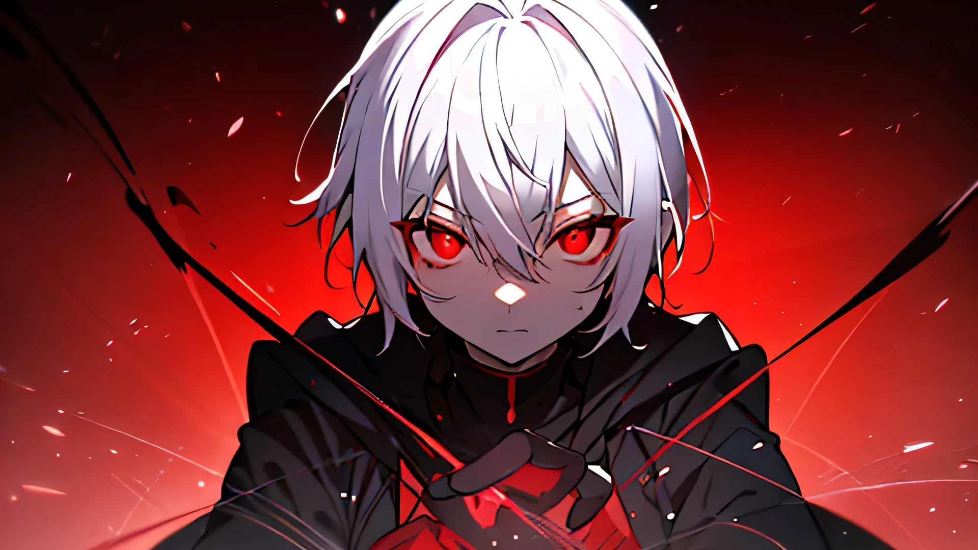 High resolution,close distance、Anime boy with white hair and red eyes staring at the camera, glowing red eyes,slim, dressed in black clothes,shadow body,white skin,monochrome,hair is dirty,clear face、diagonal angle,glowing red hand