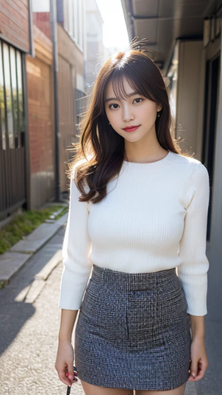 (highest quality,masterpiece:1.3,ultra high resolution,surreal),(Real like a photo,Super detailed,caustics,8K),(very detailed,realistic:1.4,RAW shooting),1 girl,(smile and look down at the camera),(front shot:1.1),(look forward),20-year-old,Super cute,(bright personality),Japanese,glamorous,(big boobs),(close),(chest focus),street,sunlight,Natural light,(Backlight),(A bright light shines from behind),(Lens flare),professional writing,(mini skirt),(winter fashion trends),(full body shot),(No makeup)