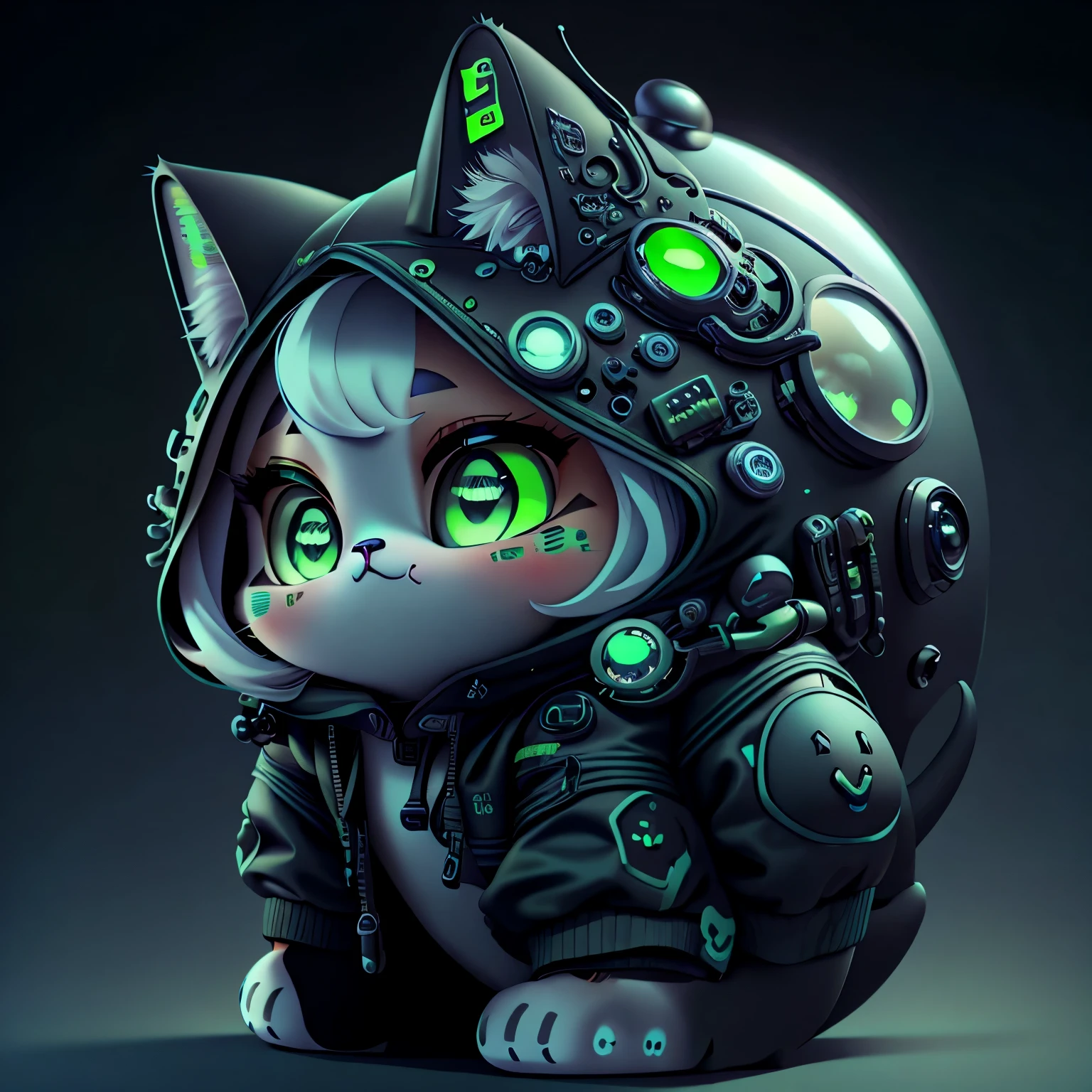 a MINI cute hyperrealistic futuristic MECHANIC cat wearing BLACK jacket. blue skin. Cinematic, hyper detailed, white GRADIENT background , highly detailed, zoomed out, green eyes