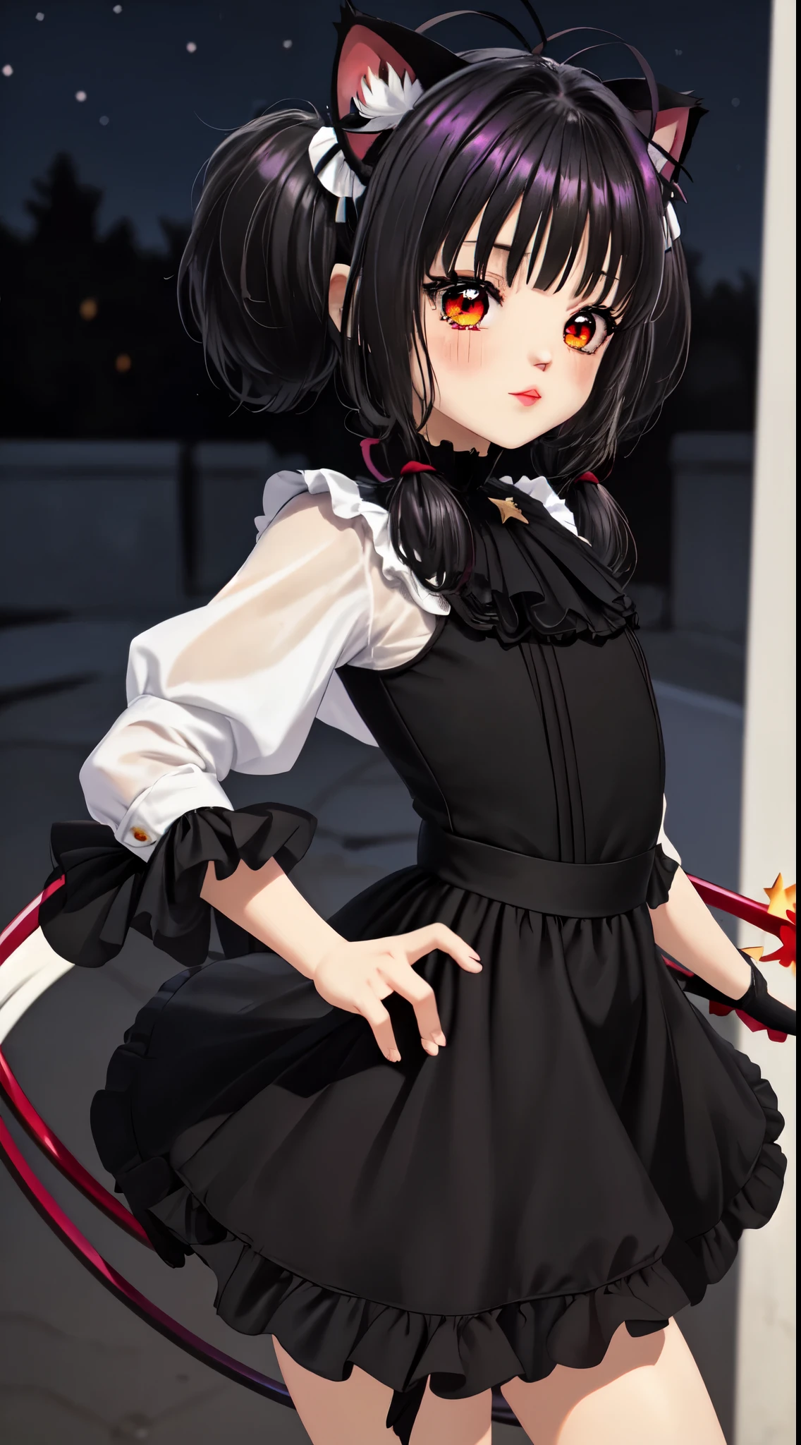 obra maestra, high resolution, kinomoto de jardin_sakura, 1 chica, por la noche, Estrella, enojado, Hermosa escena, Estrellary green eyes, rubor, magical girl,,((long hair with pigtails and a black fringe with cat ears, beautiful red eyes)),, ojo llameante, eye trail
Hoping to Estrellat, with his magic staff with clow symbol.