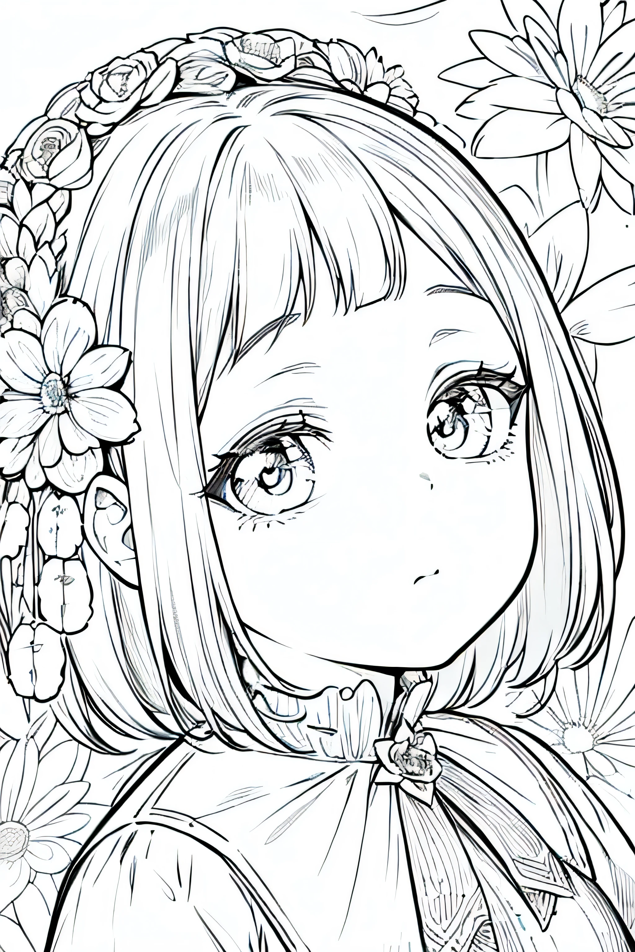 Detail face, ((Perfect details)), Cold light, ((Data in eyes)), ((Data embellishment hair)), Line drawing, Monochrome, Line drawing cute , white hair, flower line drawing background
