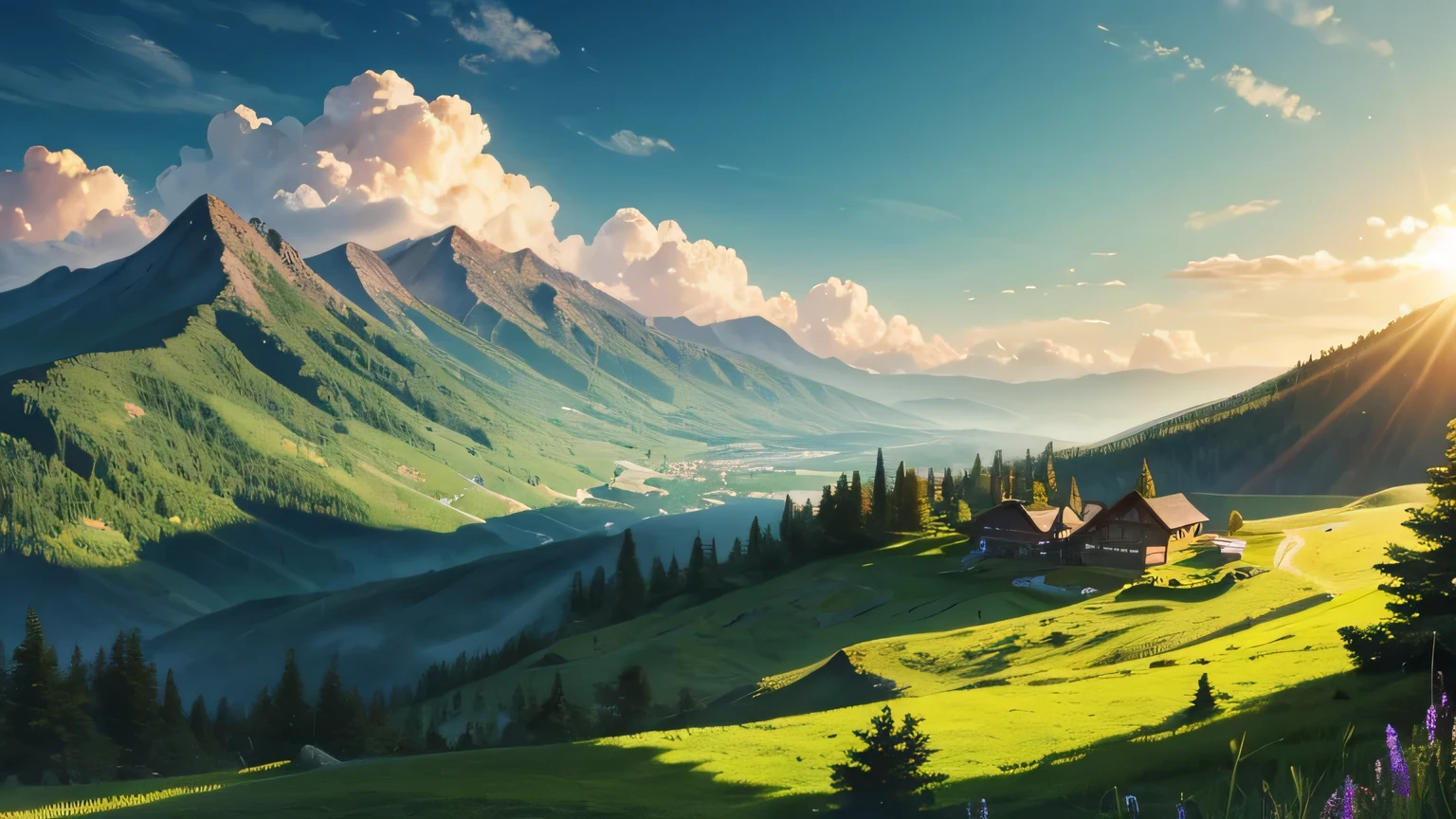 (An illustration : 1.0), photorealistic lighting, HD detailed, summer, green mountain, mountains, Ben