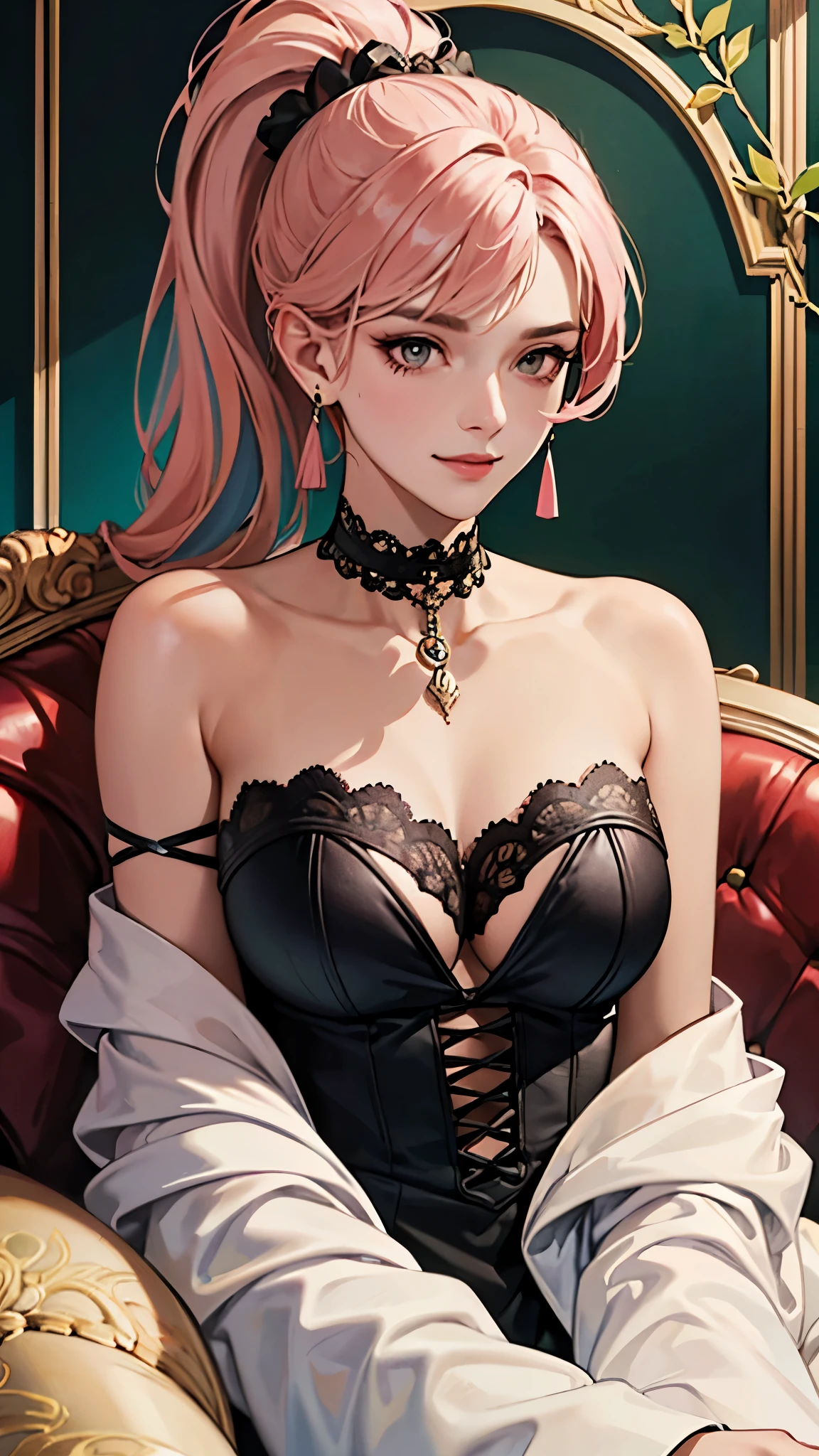 1 girl,cute,frontal face,front face,front view, wallpaper,Upper body,Close-up:3.0, BREAK intelligent, smiling, sitting, looking ahead, front view, ponytail, bangs,shiny hair, pink hair, brown eyes, tsurime, fair skin, shiny skin, tall, glamorous, lanky, leggy, earrings, choker, 20-year-old, beautiful, spot lighting, vibrant colors, striking colors BREAK Luxury sofa sitting, closed mouth, wearing made of black lace gothic dress,long sleeves See through, lips,background solid white,