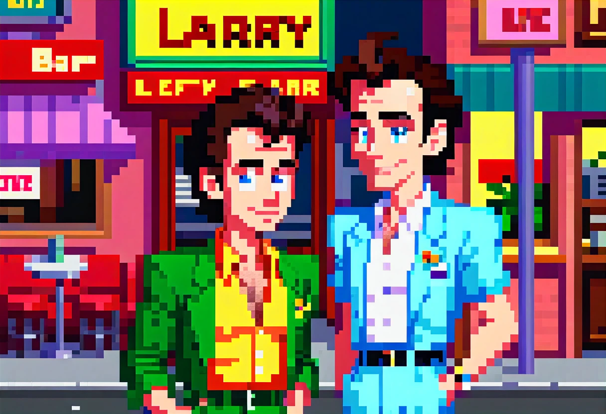  screenshot of the game "Leisure Suit Larry in the Land of the Lounge Lizards" 1987. Larry on the street near Lefty’s Bar . Full simulation of graphics . high quality, masterpiece. best quality,, super detail