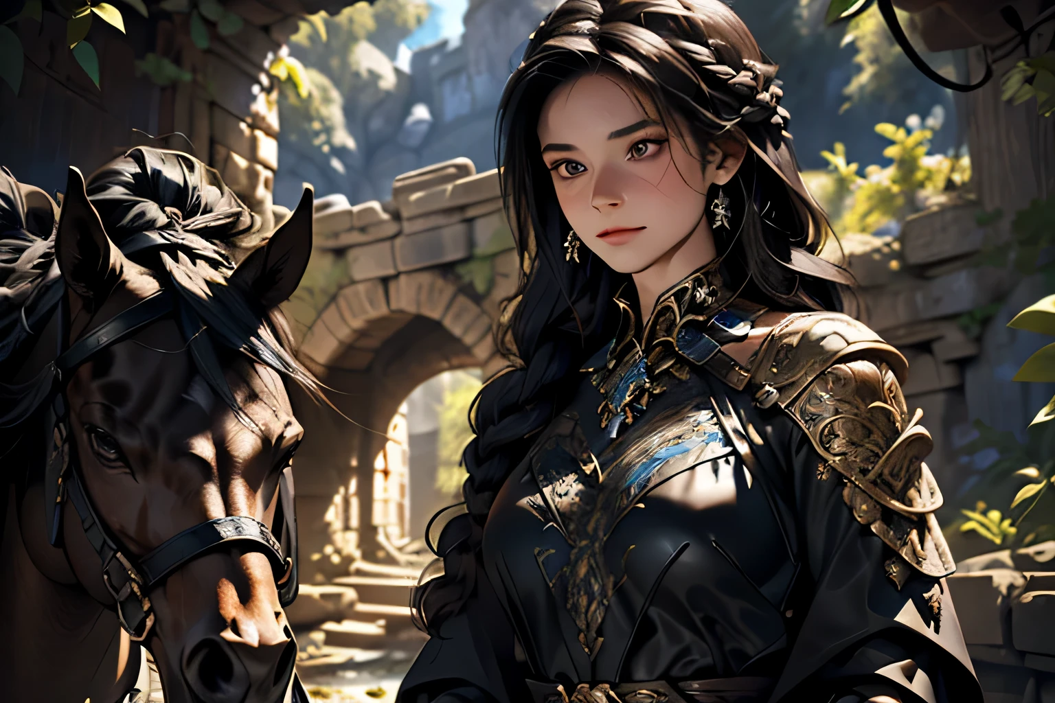 inspired by Medieval art, featuring a girl with intricate black hair braids, dismounting her majestic horse in front of an ancient ruin dungeon cave, dramatic lighting casting eerie shadows, worn stone textures, mystical atmosphere, fantasy genre, detailed illustration, detailed face -