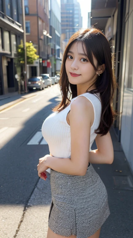 (highest quality,masterpiece:1.3,ultra high resolution,surreal),(Real like a photo,Super detailed,caustics,8K),(very detailed,realistic:1.4,RAW shooting),1 girl,(smile and look down at the camera),(front shot:1.1),(look forward),20-year-old,Super cute,(bright personality),Japanese,glamorous,(big boobs),(close),(chest focus),street,sunlight,Natural light,(Backlight),(A bright light shines from behind),(Lens flare),professional writing,(mini skirt),(winter fashion trends),(full body shot),(No makeup)