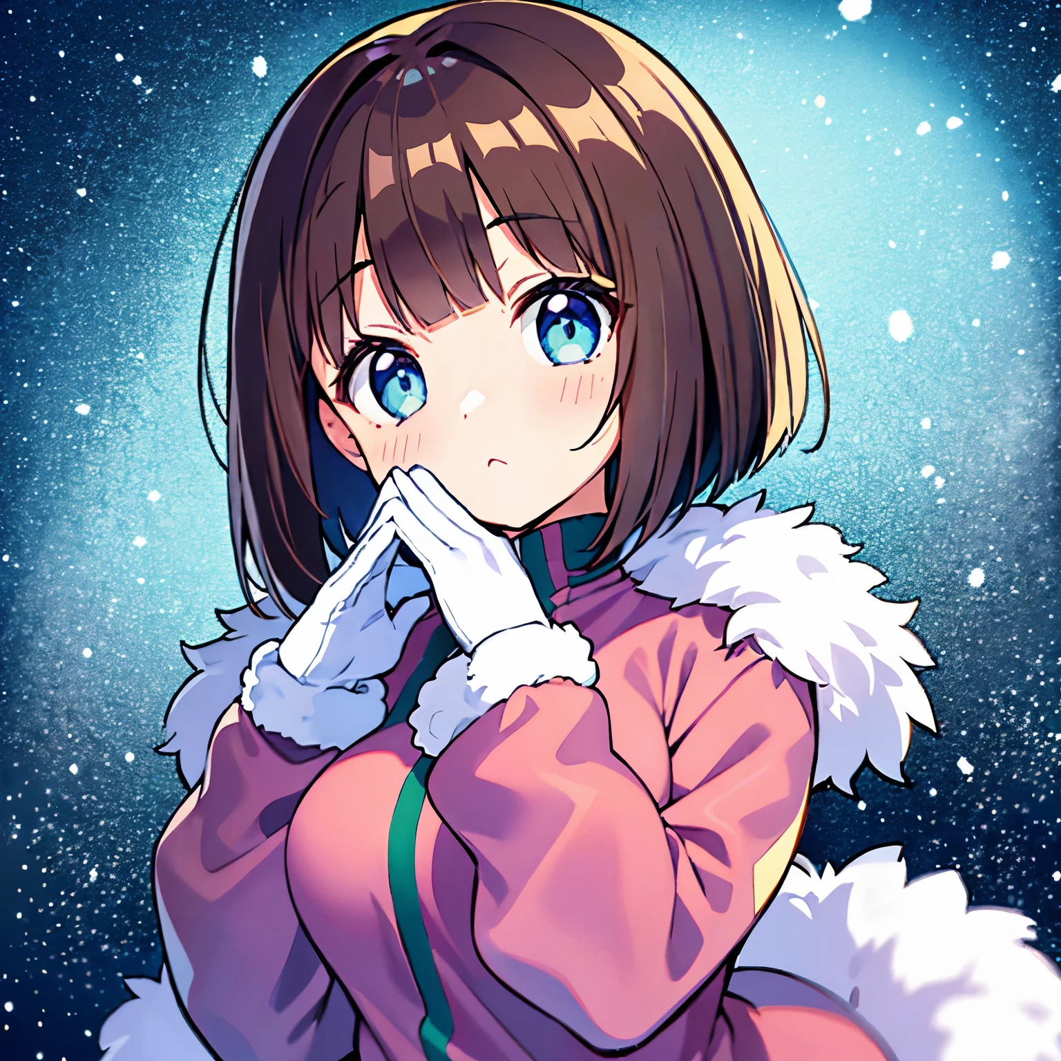 Anime Girl, brown hair, bob haircut, with bangs, purple snow jacket with green sweater inside, hands crossed, slightly serious expression, big eyes, white gloves, blue eyes,
