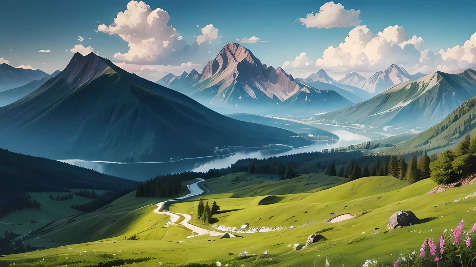 (An illustration : 1.0), photorealistic lighting, HD detailed, summer, green mountain, mountains, Ben