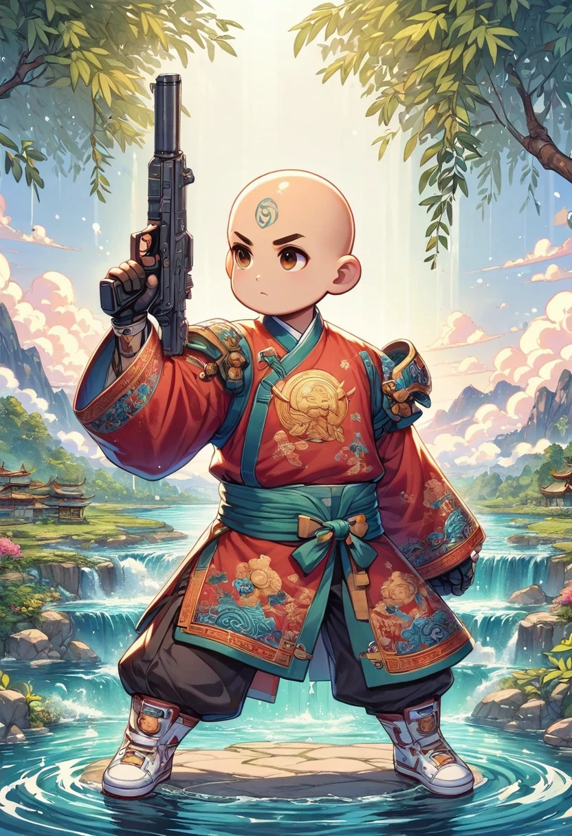 ((imagine))，((whole body))，(bald:1.5)，((Aang))，《Avatar the last airbender anime》, ((standing_split))，Wearing luxurious robes，Robot arms and legs，Standing by the lake，White sockechanical ceramic shoes ，Holding a gun with one hand，Aim at you，anatomically correct, ccurate，in the style of futuristic，cyberpunk，high detail