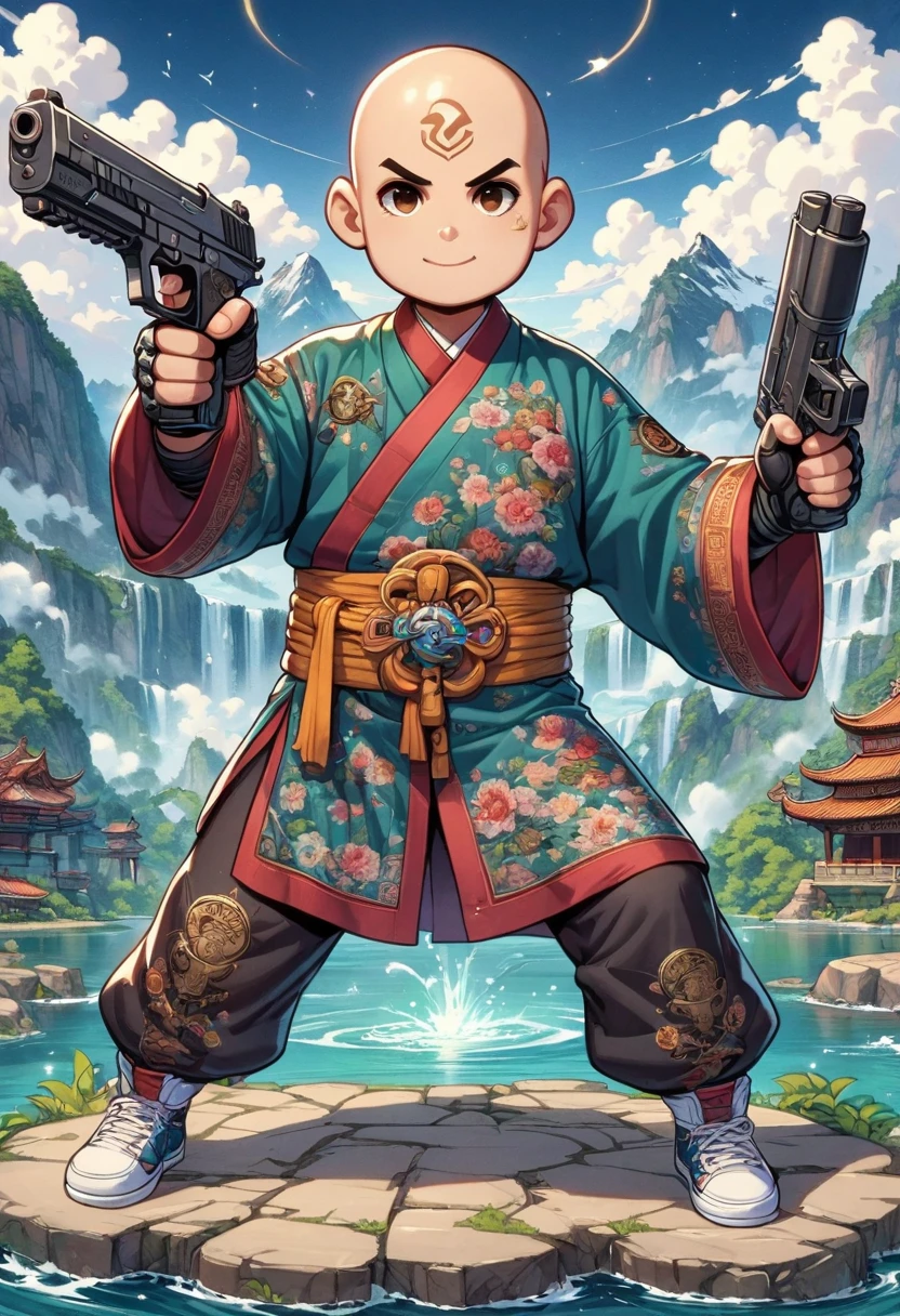 ((imagine)),((whole body)),(bald:1.5),((Aang)),《Avatar the last airbender anime》, ((standing_split)),Wearing luxurious robes,Robot arms and legs,Standing by the lake,White sockechanical ceramic shoes ,Holding a gun with one hand,Aim at you,anatomically correct, ccurate,in the style of futuristic,cyberpunk,high detail