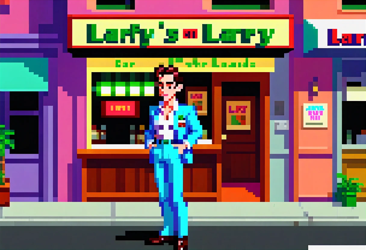 Larry on the street near "Lefty’s" Bar . screenshot of the game "Leisure Suit Larry in the Land of the Lounge Lizards" 1987. Larry on the street near "Lefty’s" Bar . Full simulation of graphics . high quality, masterpiece. best quality,, super detail