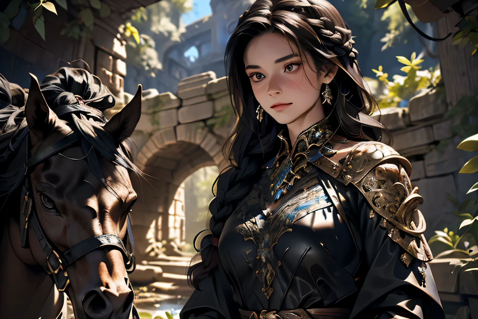 inspired by Medieval art, featuring a girl with intricate black hair braids, dismounting her majestic horse in front of an ancient ruin dungeon cave, dramatic lighting casting eerie shadows, worn stone textures, mystical atmosphere, fantasy genre, detailed illustration, detailed face -