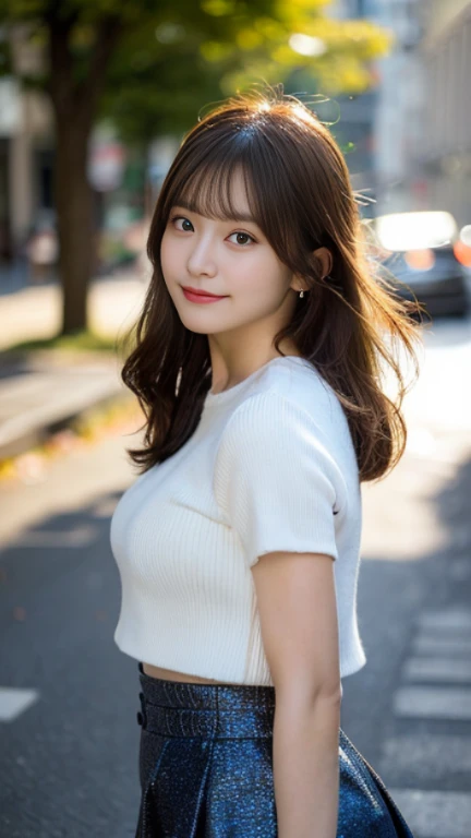 (highest quality,masterpiece:1.3,ultra high resolution,surreal),(Real like a photo,Super detailed,caustics,8K),(very detailed,realistic:1.4,RAW shooting),1 girl,(smile and look down at the camera),(front shot:1.1),(look forward),20-year-old,Super cute,(bright personality),Japanese,glamorous,(big boobs),(close),(chest focus),street,sunlight,Natural light,(Backlight),(A bright light shines from behind),(Lens flare),professional writing,(mini skirt),(winter fashion trends),(full body shot),(No makeup)