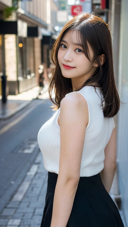  (highest quality,masterpiece:1.3,ultra high resolution,surreal),(Real like a photo,Super detailed,caustics,8K),(very detailed,realistic:1.4,RAW shooting),1 girl,(smile and look down at the camera),(front shot:1.1),(look forward),20-year-old,Super cute,(bright personality),Japanese,glamorous,(big boobs),(close),(chest focus),street,sunlight,Natural light,(Backlight),(A bright light shines from behind),(Lens flare),professional writing,(mini skirt),(winter fashion trends),(full body shot),(No makeup)