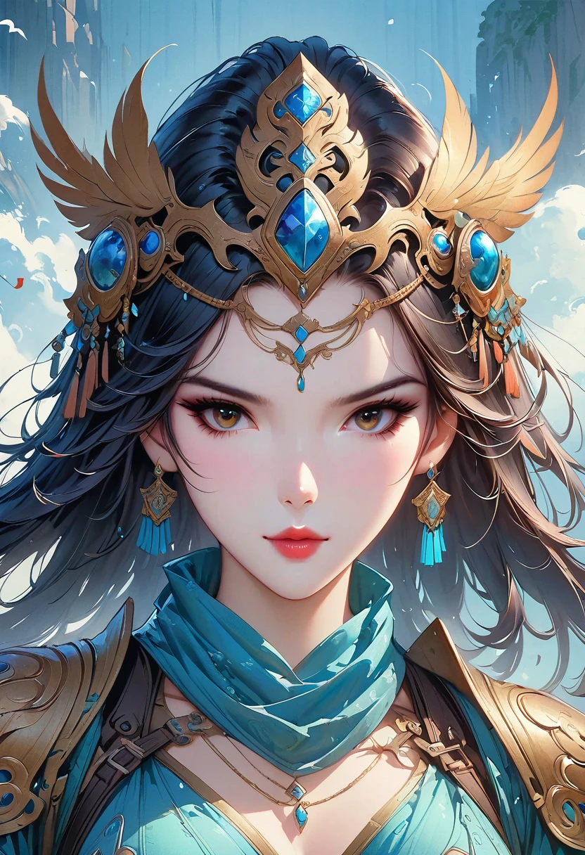 Close-up of a woman wearing a silver and blue dress, chengwei pan on artstation, author:Yang Jie, detailed fantasy art, Stunning character art, Best Art Sites for Fan Art, Epic and beautiful character art, beautiful armor, Very detailed artgerm, Detailed digital animation art, artgerm on artstation pixiv, Armor girl