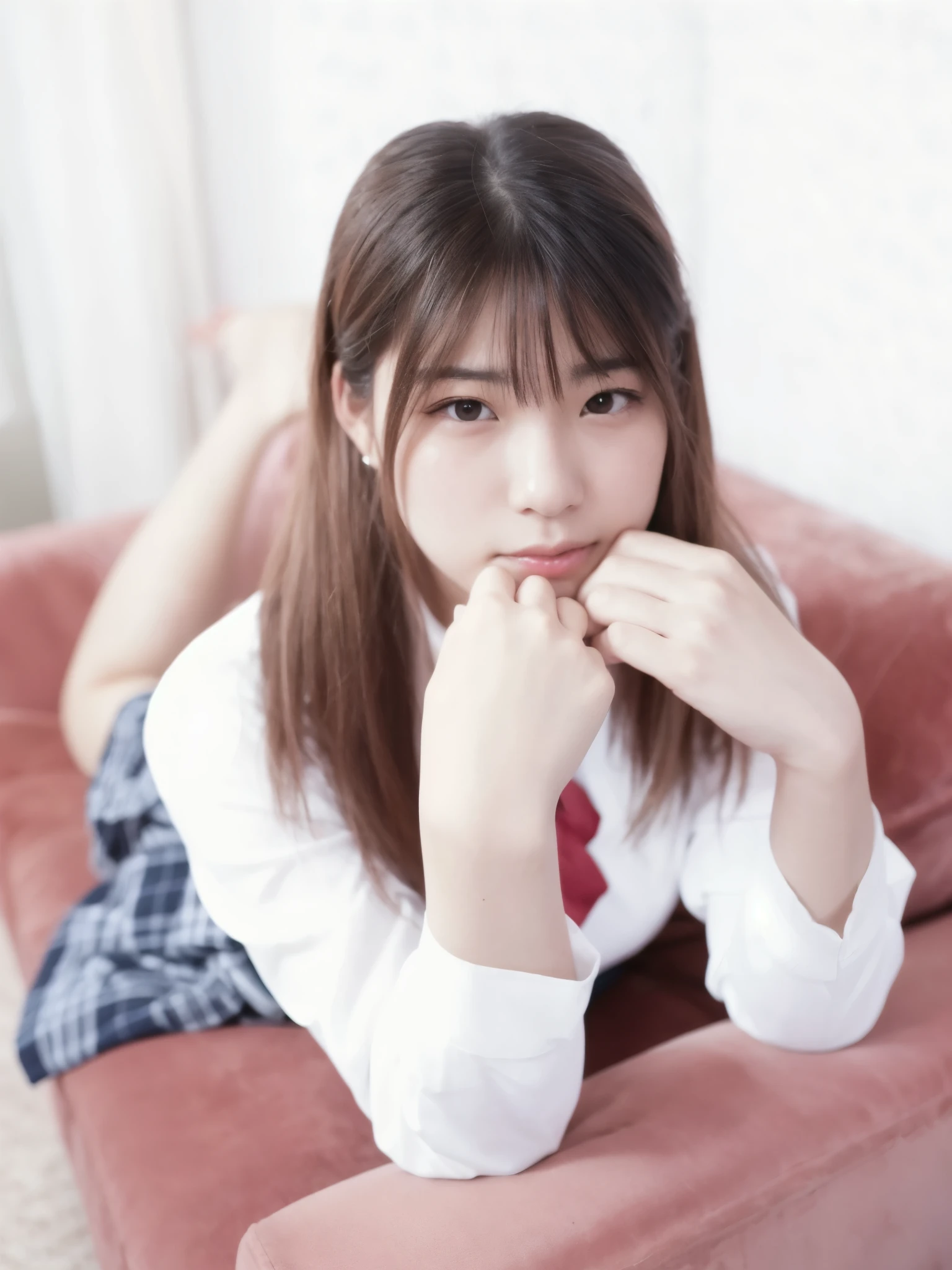 there is a woman sitting on a couch with her hand on her chin, portrait of a japanese teen, taken with canon 8 0 d, taken with canon eos 5 d mark iv, taken with canon eos 5 d, chiho, taken with canon 5d mk4, of a youthful japanese girl, cute , young pretty gravure idol