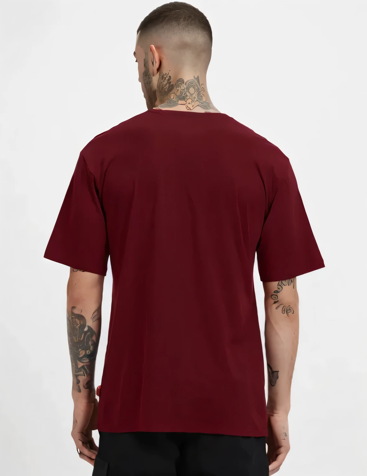 a man wearing a maroon t - shirt with a tattoo on his chest, red t-shirt, maroon red, t-top, red shirt, back view, back view also, view from back, back, 3 / 4 back view, back - view, backview, view from the back, rich red, long shot from the back, long straight hair