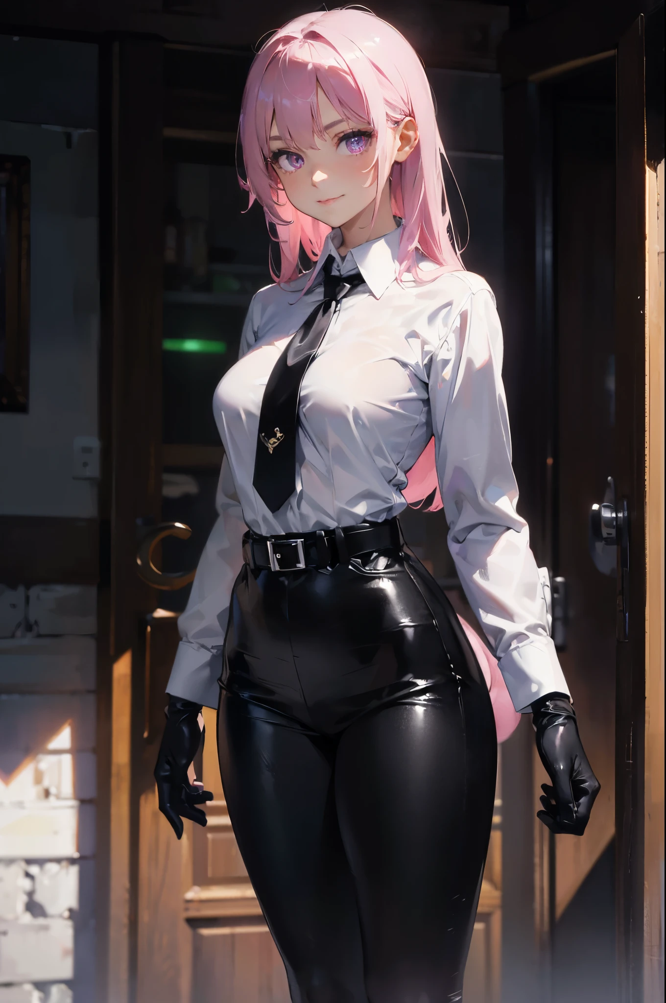 (Yedev:1.4), 8K, high resolution, Super detailed, (masterpiece:1.4), best quality, symmetrical body, (white collar shirt:1.4), (All black leather:1.4), Lovely, alone, long hair, pink hair, purple eyes, beautiful eyes, narrow eyes, bright smile, Detailed face, looking at the audience, smile at the audience, garden, angle view, perfect breasts, Black business suit, belt, Length from tie to navel, white collar shirt, fit, perfect legs. black gloves, spy lady, belt, assassin, badass anime girls, shiny clothes,
