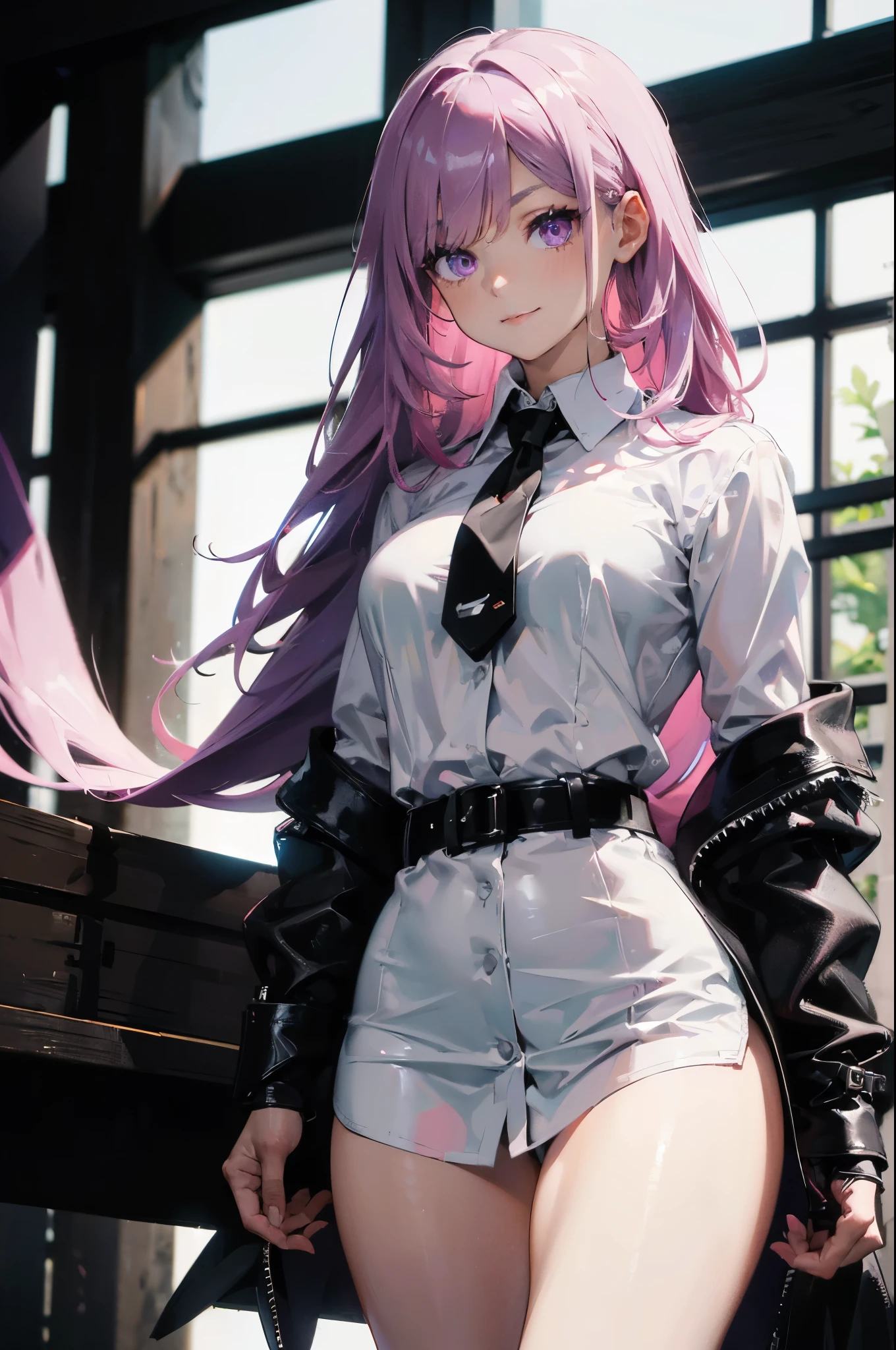 (Yedev:1.4), 8K, high resolution, Super detailed, (masterpiece:1.4), best quality, symmetrical body, (white collar shirt:1.4), (All black leather:1.4), Lovely, alone, long hair, pink hair, purple eyes, beautiful eyes, narrow eyes, bright smile, Detailed face, looking at the audience, smile at the audience, garden, angle view, perfect breasts, Black business suit, belt, Length from tie to navel, white collar shirt, fit, perfect legs. black gloves, spy lady, belt, assassin, badass anime girls, shiny clothes,