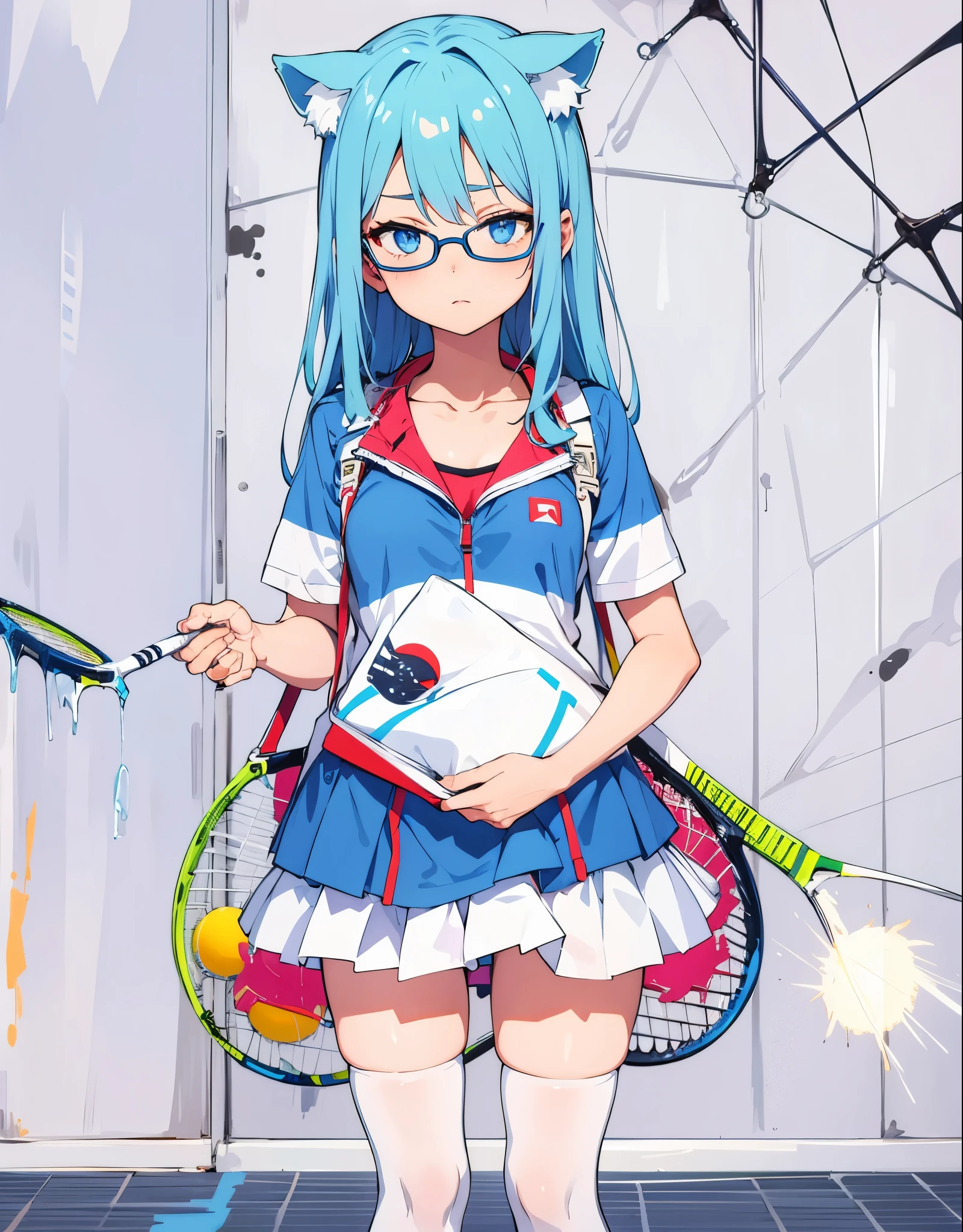 girl blue hair blue eyes Glasses nekomimi girl tennis suit