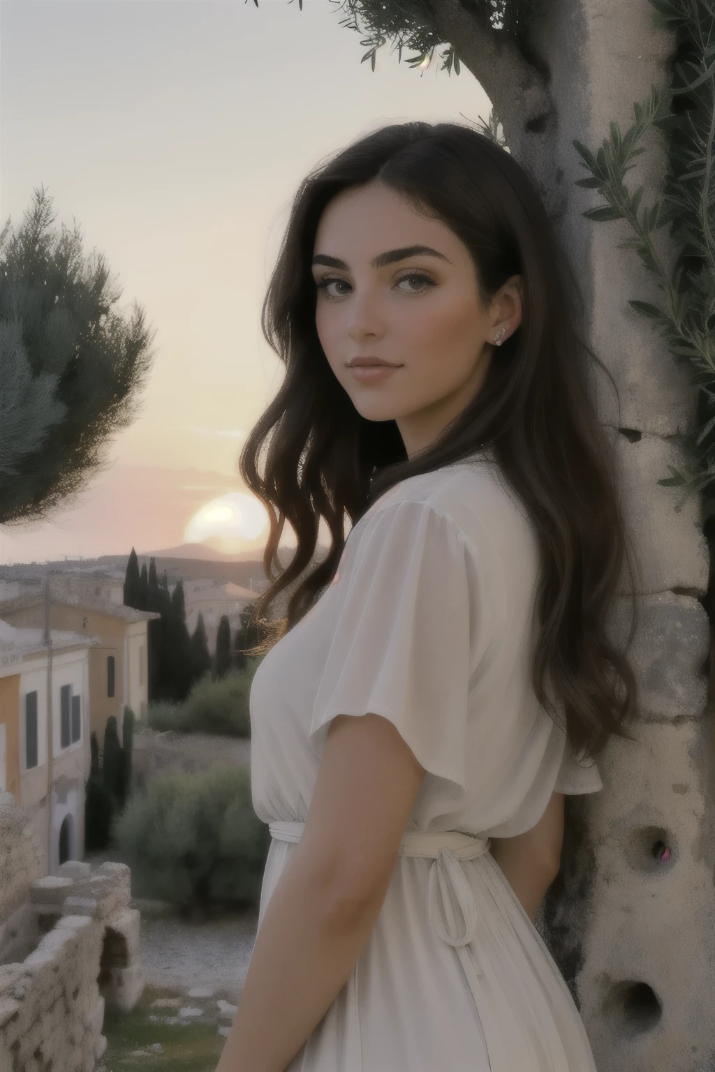 ((best quality)), ((masterpiece)), (detailed), perfect face, sunsetting in the background, young italian woman with hazel eyes, wearing a white tunic. she is looking off at the sunset, olive trees in the distance, ancient roman city in the background, ancient roman dress, olive branches in her hair.