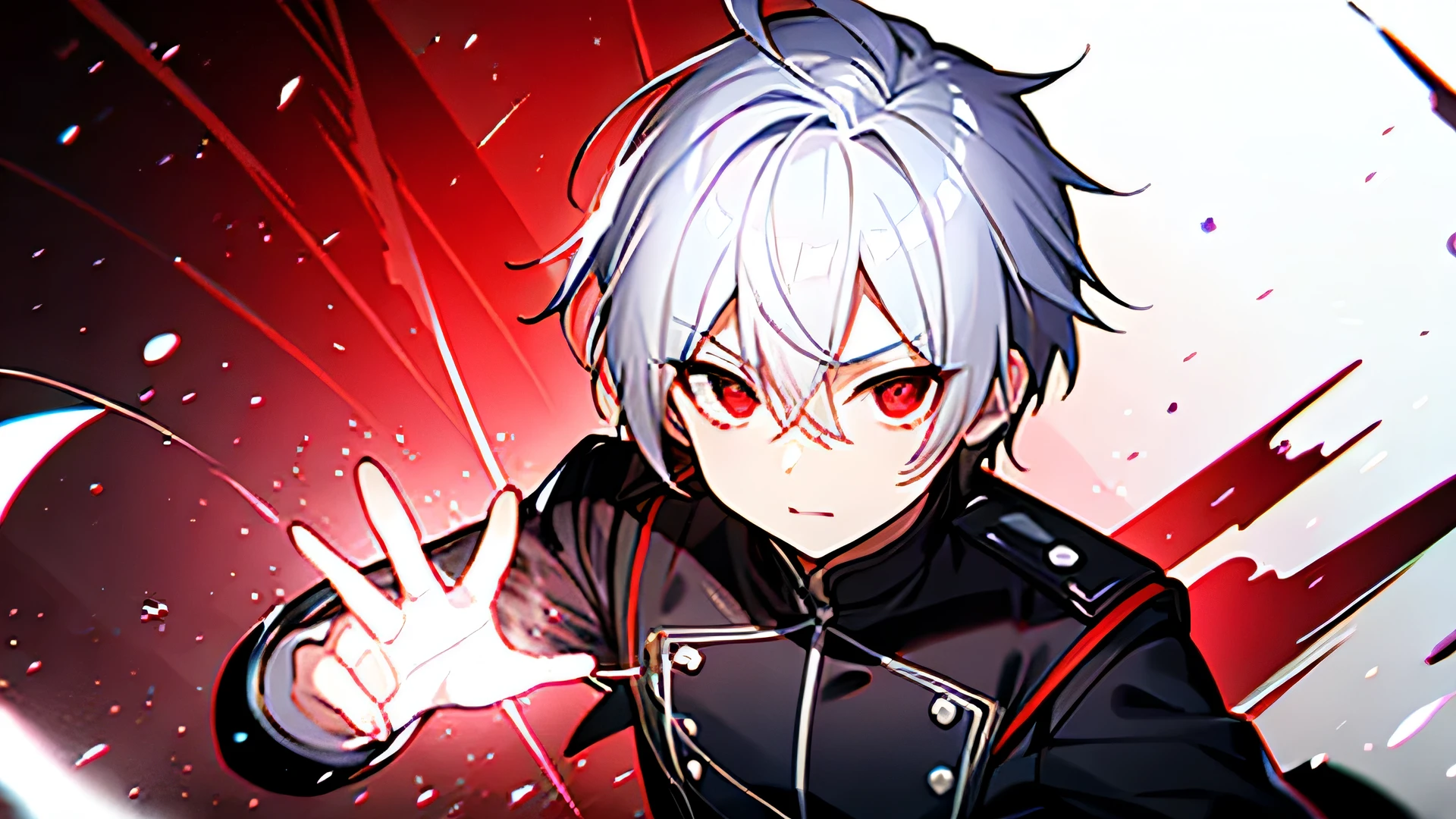High resolution,close distance、Anime boy with white hair and red eyes staring at the camera, glowing red eyes,slim, dressed in black clothes,shadow body,white skin,monochrome,hair is dirty,clear face、diagonal angle,glowing red hand