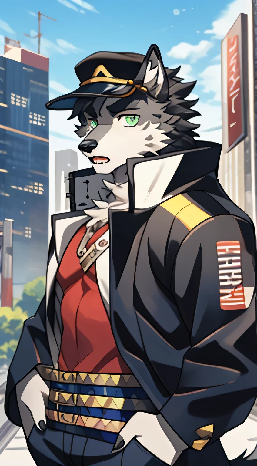 gray wolf，City，green pupils，Handsome，have a better figure，black long coat，Black peaked cap，Cai Xukun&#39;s，Serious expression