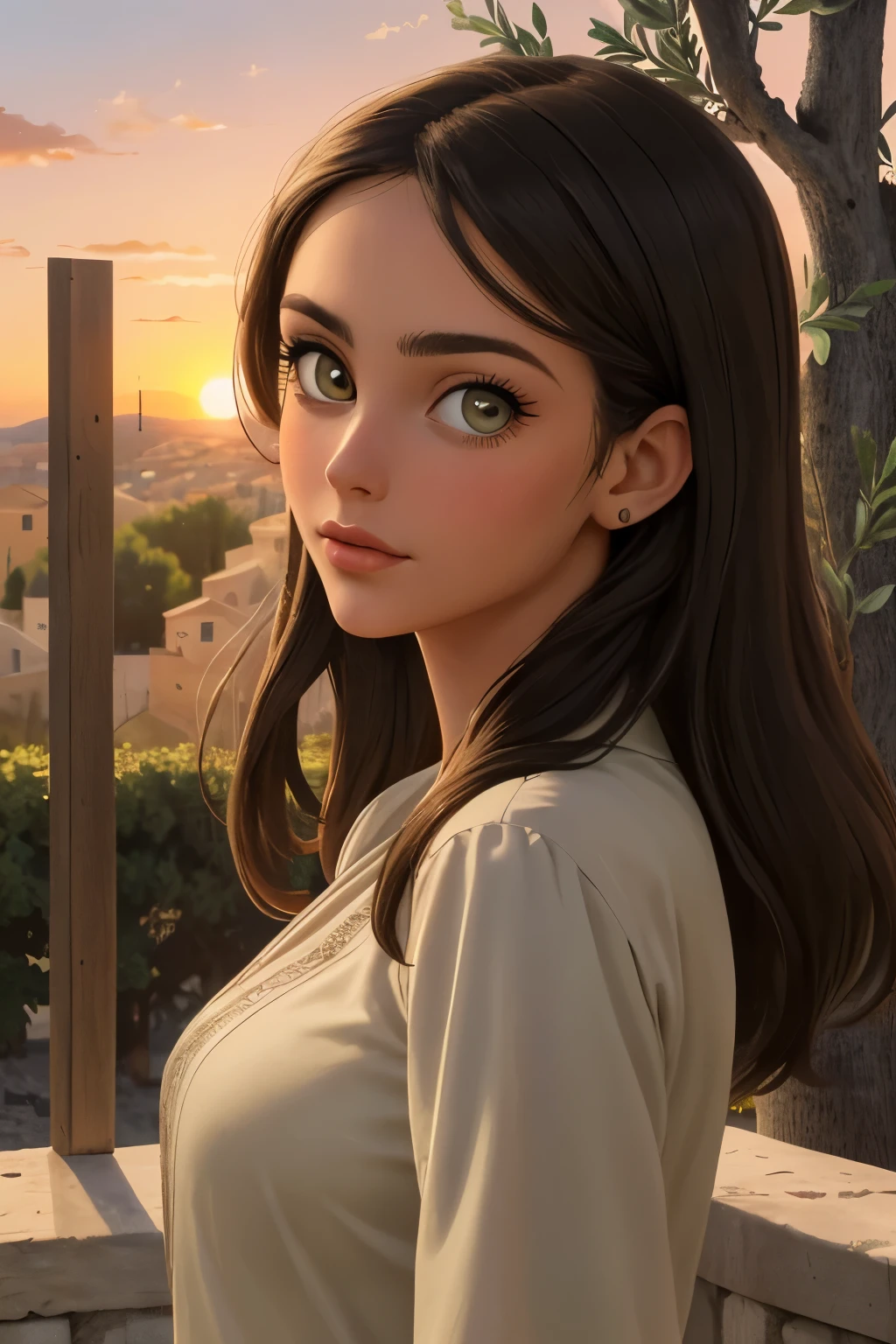 ((best quality)), ((masterpiece)), (detailed), perfect face, sunsetting in the background, young italian woman with hazel eyes, wearing a white tunic. she is looking off at the sunset, olive trees in the distance