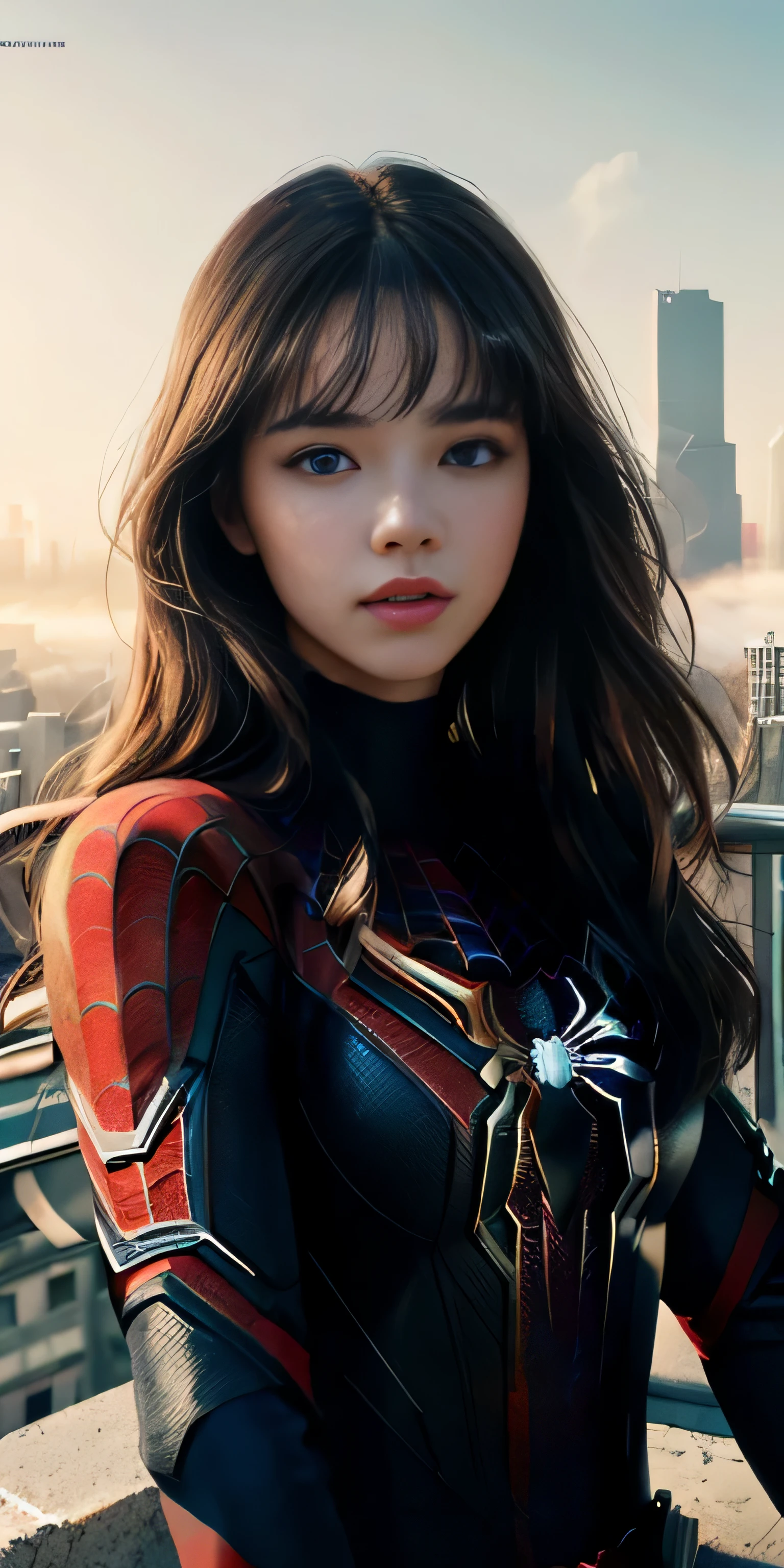 (1girl:1.3), Solo, (((Very detailed face)))), ((Very detailed eyes and face)))), Beautiful detail eyes, Body parts__, Official art, Unified 8k wallpaper, Super detailed, beautiful and beautiful, beautiful, masterpiece, best quality, original, masterpiece, super fine photo, best quality, super high resolution, realistic realism, sunlight, full body portrait, amazing beauty, dynamic pose, delicate face, vibrant eyes, (from the front), She wears Spider-Man suit, red and black color scheme, spider, very detailed city roof background, rooftop, overlooking the city, detailed face, detailed complex busy background, messy, gorgeous, milky white, highly detailed skin, realistic skin details, visible pores, clear focus, volumetric fog, 8k uhd, DSLR, high quality, film grain, fair skin, photo realism, lomography, futuristic dystopian megalopolis, translucent