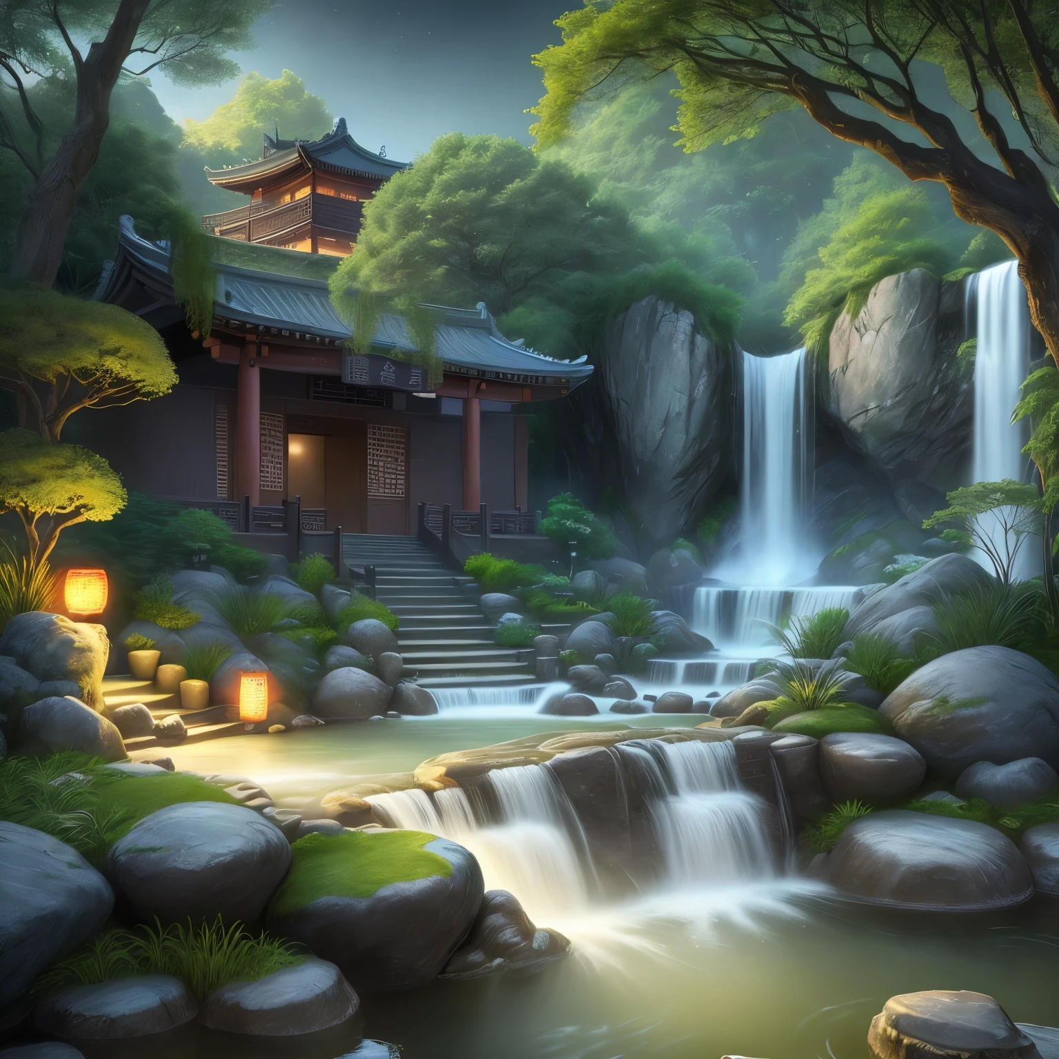 Ancient Chinese architecture, moon, night, garden, bamboo, lake, stone bridge, rockery, arch, corner, rockery, wood, water flowing, landscape, outdoor, waterfall, Grass, rock, water lily, hot spring, water vapor, (figure: 1.0 ), magnificent composition, realistic lighting, HD details, masterpiece, highest quality, (Highly detailed CG Unity 8K wallpaper), (highest quality) --v6