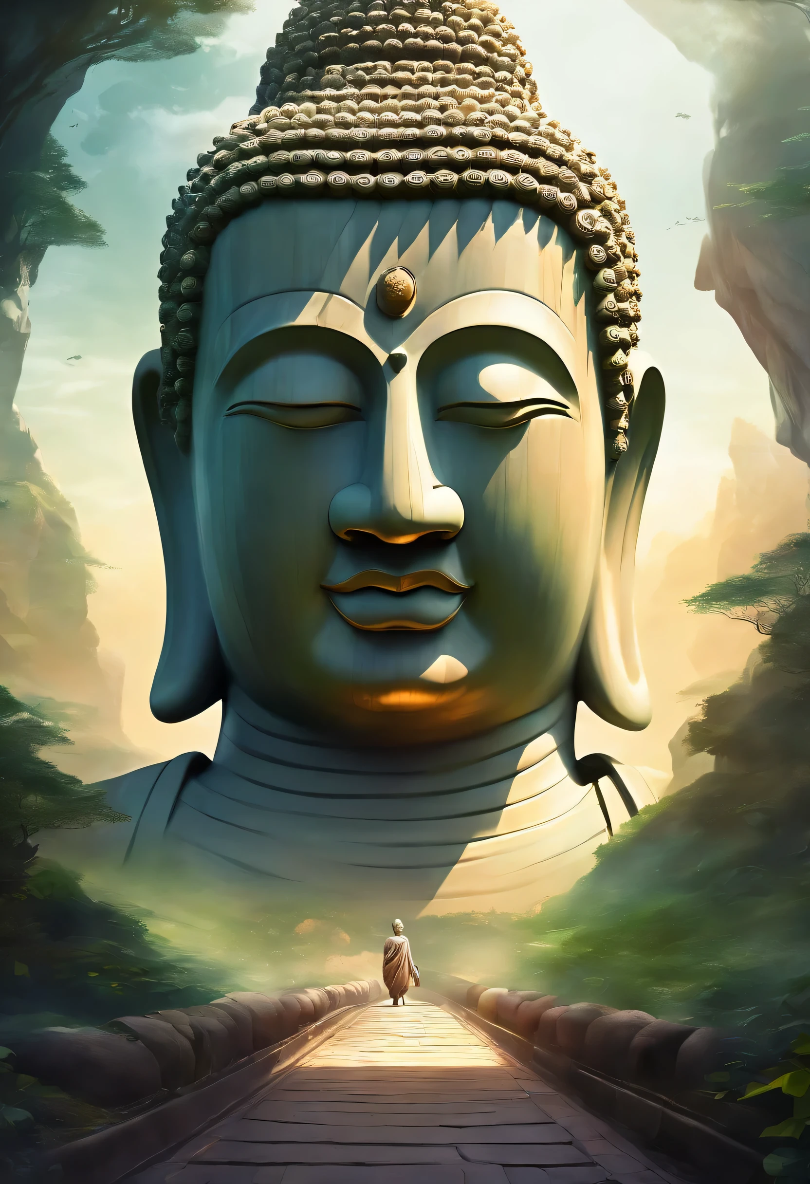Big Buddha statue in the distance, Stone, texture, High, majestic, background illuminated by sunlight,inverted image,side,pilgrims on the road