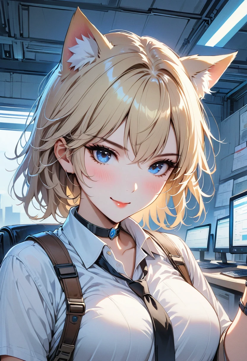 National Science Foundation, masterpiece, (best quality:1.2), (sharp focus:1.2),, 1 girl, slim girl,, (Blonde|Light_yellow hair), cat ears,, Detailed face, young|cute face, blush, smile,, natural breasts, Thin arms,, White collar shirt with black tie, black collar,, in a modern office, indoor