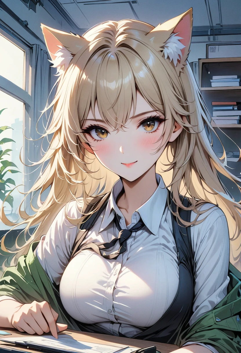 National Science Foundation, masterpiece, (best quality:1.2), (sharp focus:1.2),, 1 girl, slim girl,, (Blonde|Light_yellow hair), cat ears,, Detailed face, young|cute face, blush, smile,, natural breasts, Thin arms,, White collar shirt with black tie, black collar,, in a modern office, indoor