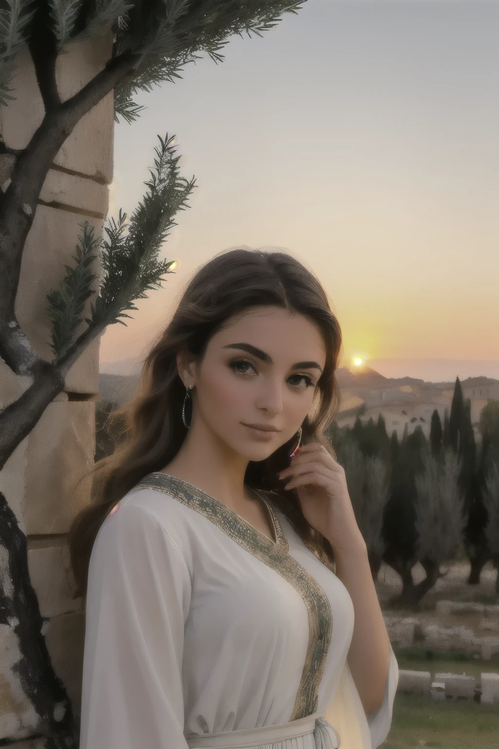 ((best quality)), ((masterpiece)), (detailed), perfect face, sunsetting in the background, young italian woman with hazel eyes, wearing a white tunic. she is looking off at the sunset, olive trees in the distance, ancient roman city in the background, ancient roman dress, olive branches in her hair. 