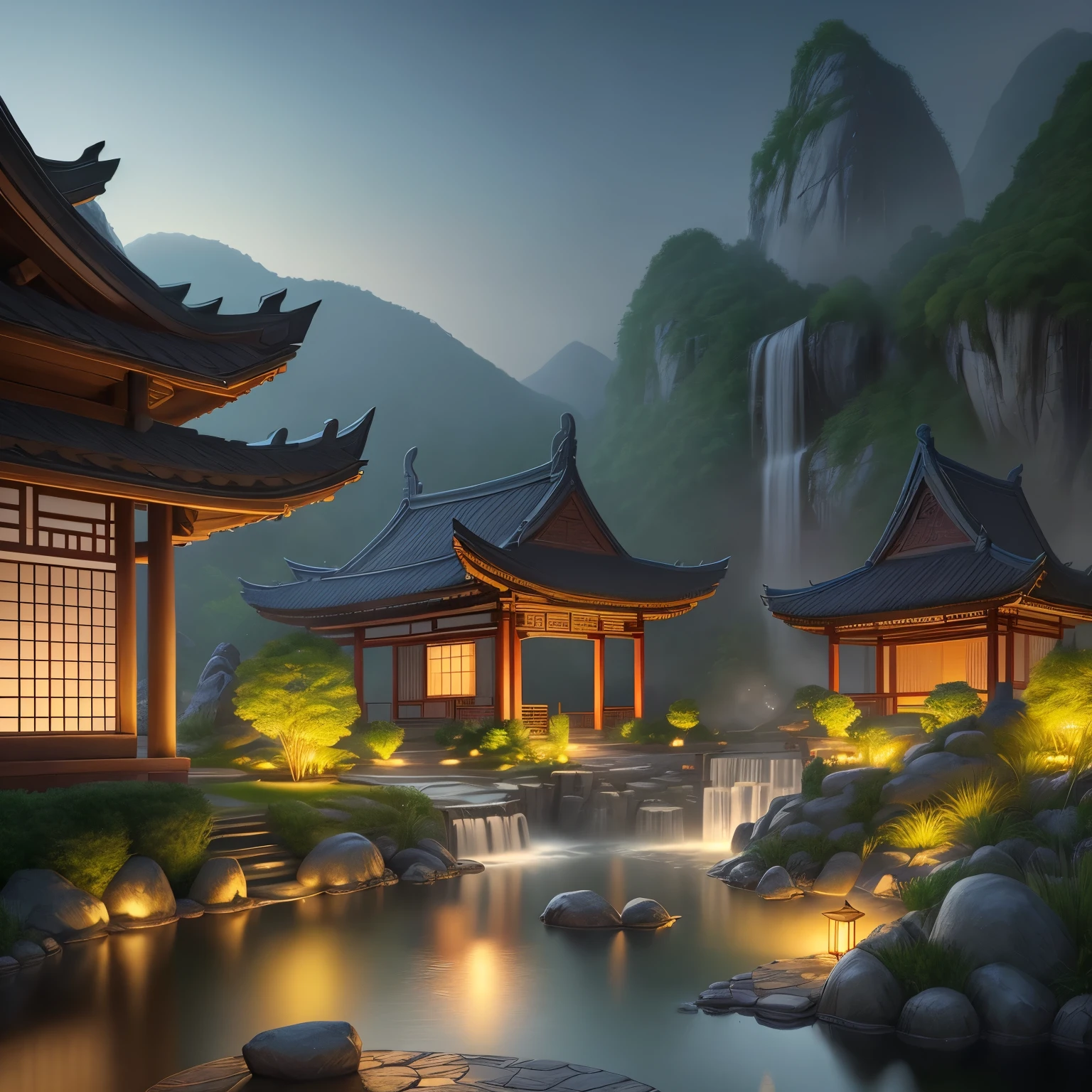 Ancient Chinese architecture, moon, night, garden, bamboo, lake, stone bridge, rockery, arch, corner, rockery, wood, water flowing, landscape, outdoor, waterfall, Grass, rock, water lily, hot spring, water vapor, (figure: 1.0 ), magnificent composition, realistic lighting, HD details, masterpiece, highest quality, (Highly detailed CG Unity 8K wallpaper), (highest quality) --v6 