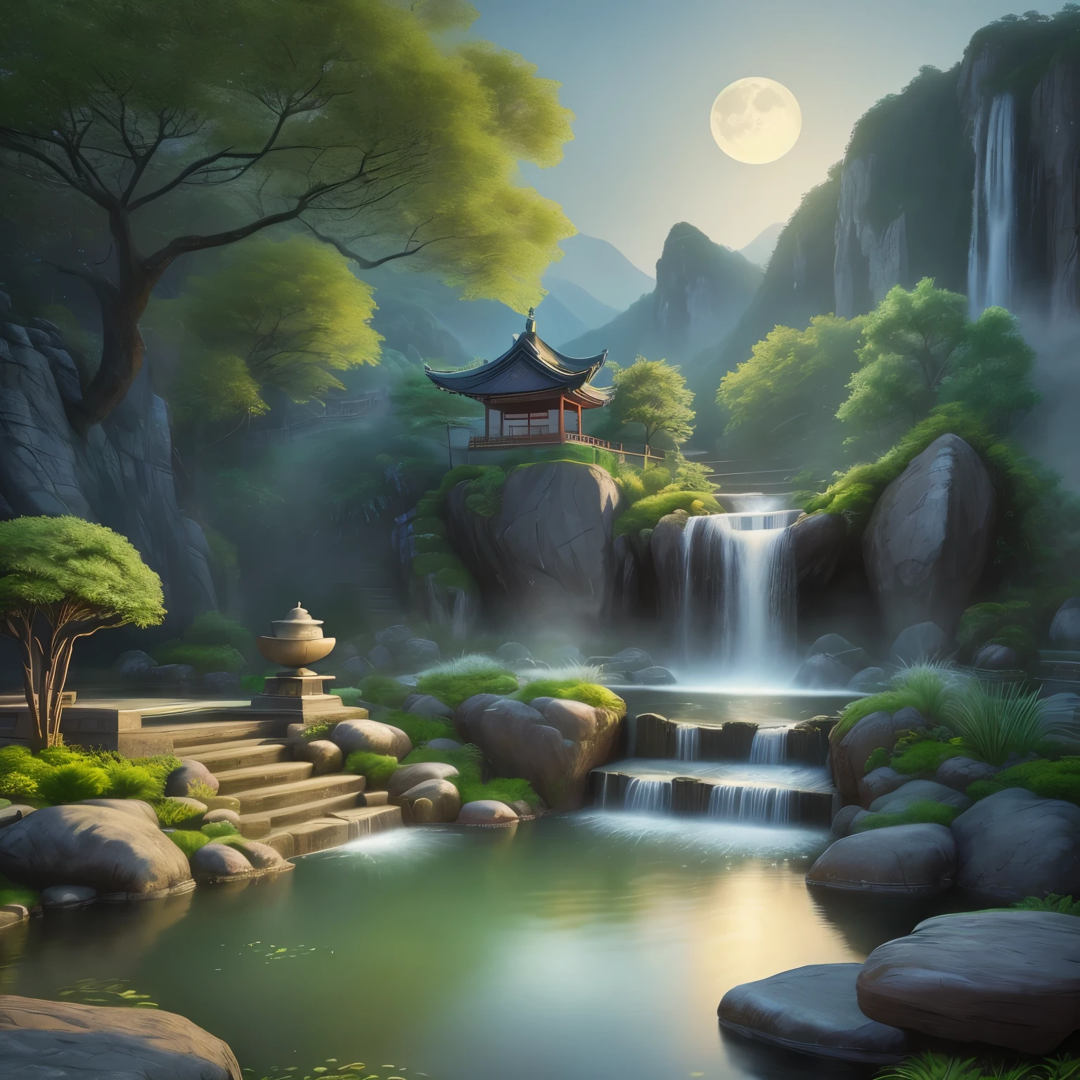 Ancient Chinese architecture, moon, night, garden, bamboo, lake, stone bridge, rockery, arch, corner, rockery, wood, water flowing, landscape, outdoor, waterfall, Grass, rock, water lily, hot spring, water vapor, (figure: 1.0 ), magnificent composition, realistic lighting, HD details, masterpiece, highest quality, (Highly detailed CG Unity 8K wallpaper), (highest quality) --v6