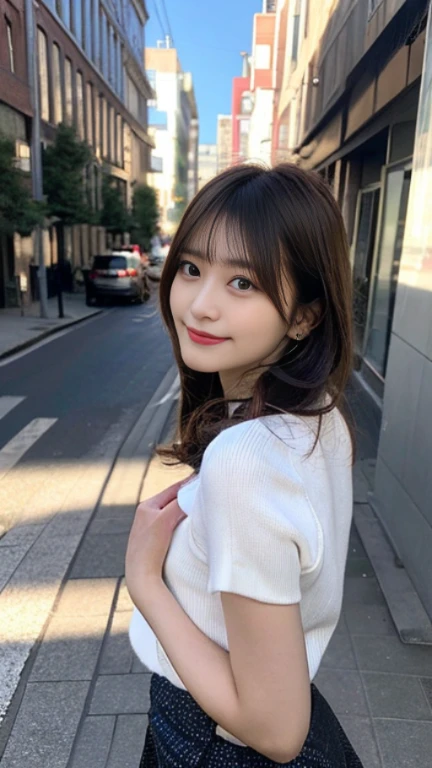  (highest quality,masterpiece:1.3,ultra high resolution,surreal),(Real like a photo,Super detailed,caustics,8K),(very detailed,realistic:1.4,RAW shooting),1 girl,(smile and look down at the camera),(front shot:1.1),(look forward),20-year-old,Super cute,(bright personality),Japanese,glamorous,(E cup),(close),(chest focus),street,sunlight,Natural light,(Backlight),(A bright light shines from behind),(Lens flare),professional writing,(mini skirt),(winter fashion trends),(full body shot),(No makeup)